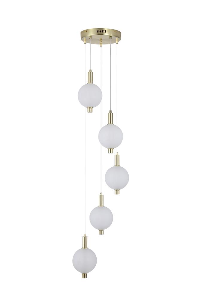 Luminique Ø47 Mässing taklampa från Searchlight - Lampan &auml;r tillverkad i metall med satin m&auml;ssingfinish och har fem frostade glaskupor med integrerad LED.