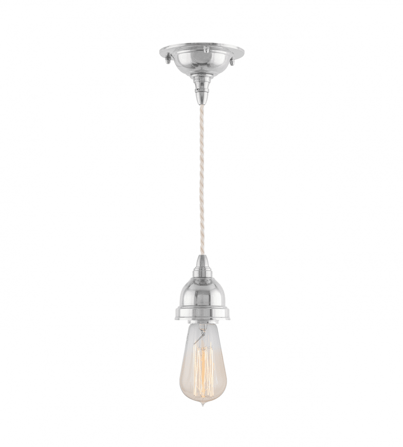 Byström 60 Nickel från Karlskrona lampfabrik - Bystr&ouml;m &auml;r ett sladdupph&auml;ng med ett n&aring;got modernare formspr&aring;k, med inspiration fr&aring;n den tidiga modernismen p&aring; 1920- och 30-talet - dock fortfarande tillverkad helt i m&auml;ssing med f&ouml;rnicklad yta och f&ouml;rsedd med den klassiska tvinnade knoppledningen.