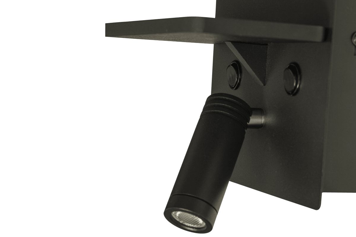 Astor Svart läslampa från Aneta Lighting - Tillverkad i svartlackerad metall och med en riktbar l&auml;slampa p&aring; framsidan samt en diskretare indirekt belysning p&aring; baksidan.