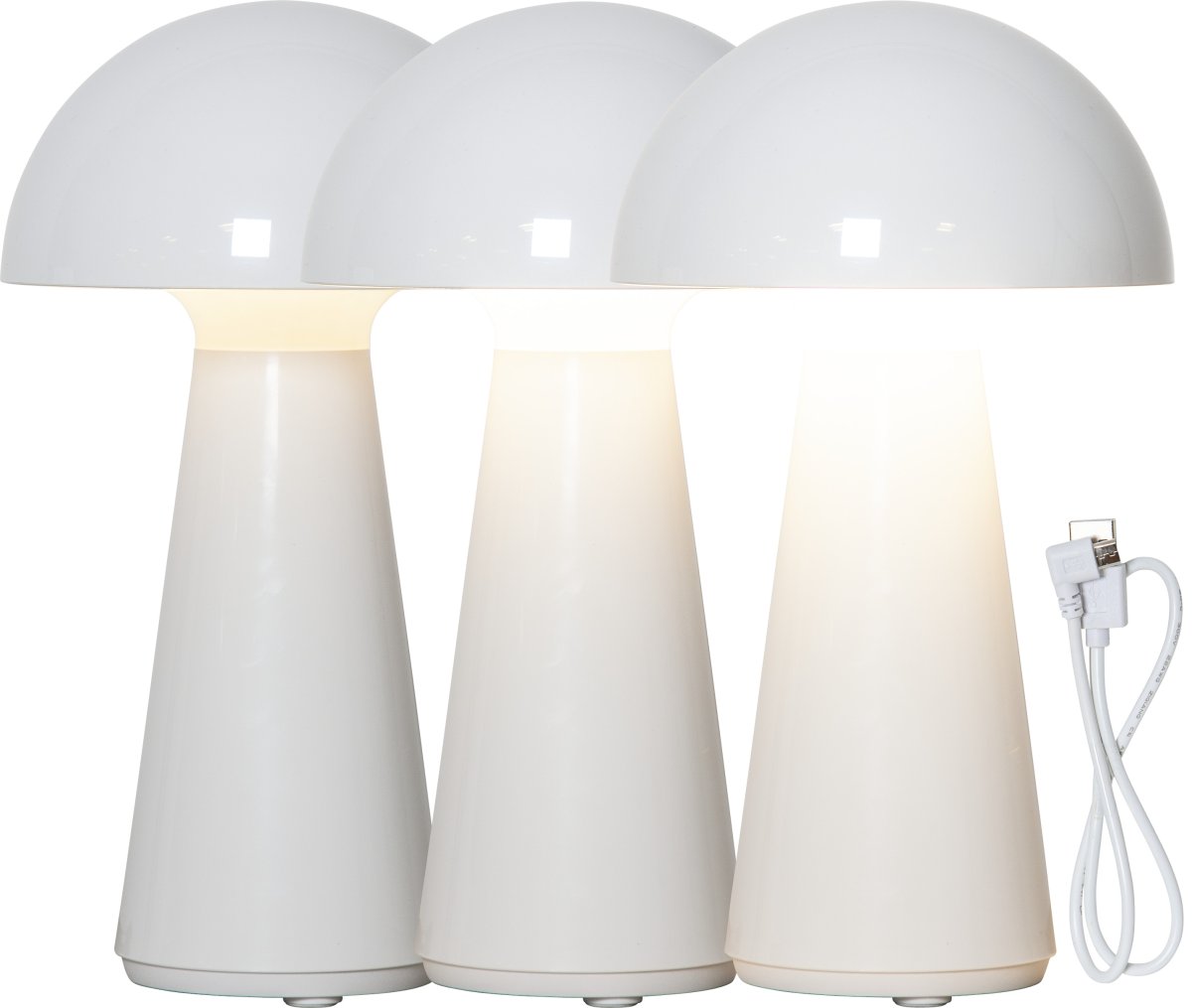 Mushroom 28cm Vit portabel från Star Trading - Lampan har 3-stegs funktion, med ett l&auml;tt tryck l&auml;ngst upp p&aring; sk&auml;rmen kan man justera ljusstyrkan, 100, 50 eller 10% av full uppladdning.