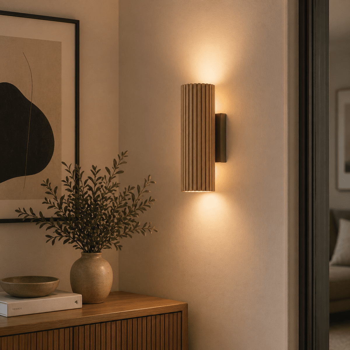 Lakewood 20cm Brun vägglampa från Brilliant - Lakewood v&auml;gglampa kombinerar brun metall med ljust, ribbat tr&auml; som ger lampan ett varmt och naturligt uttryck.