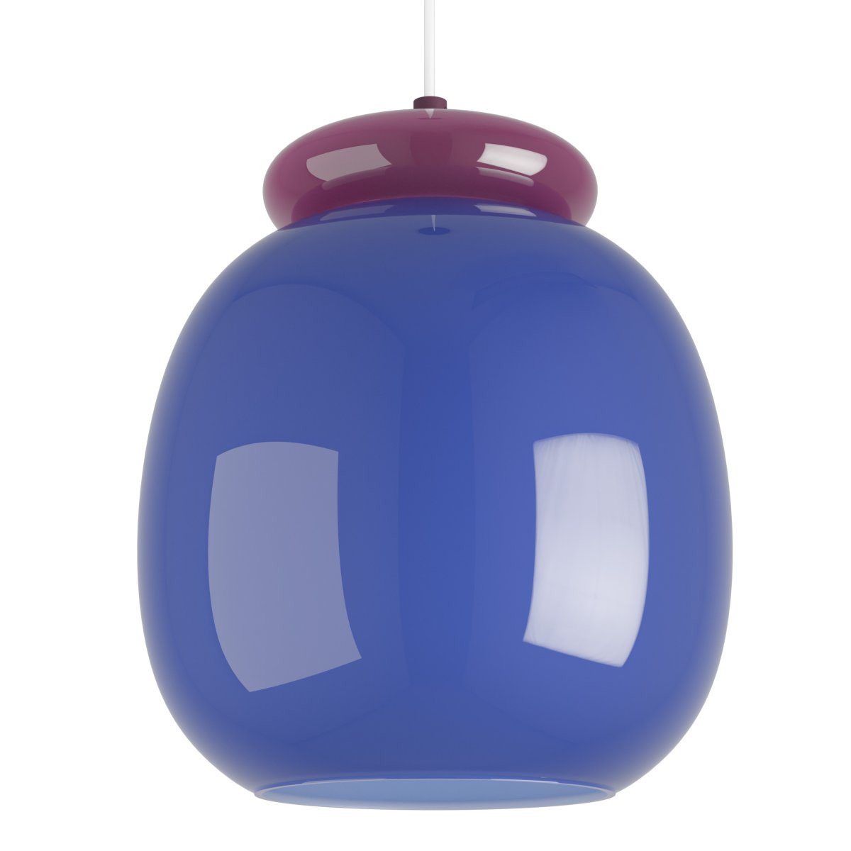 Berardelli Ø23 Blå taklampa från Eglo - Berardelli &auml;r en dekorativ takpendel med en mjukt rundad kupa i bl&aring;tt glas och kontrasterande detaljer i lila f&auml;rg.