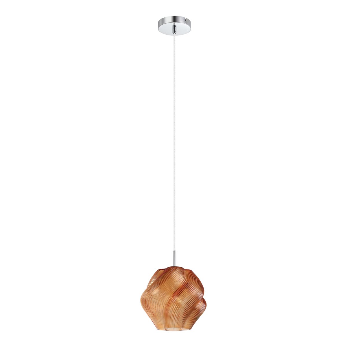 Vicenne Ø22 Orange taklampa från Eglo - Glaskupan har en b&ouml;ljande form med ett r&auml;fflat m&ouml;nster som skapar ett effektfullt uttryck och ger lampan karakt&auml;r b&aring;de t&auml;nd och sl&auml;ckt.