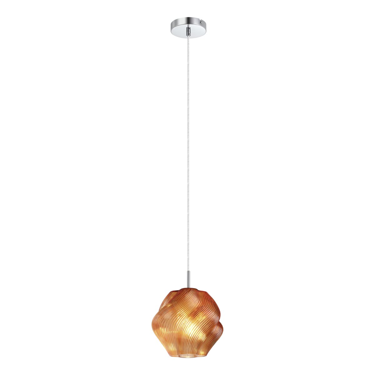 Vicenne Ø22 Orange taklampa från Eglo - Glaskupan har en b&ouml;ljande form med ett r&auml;fflat m&ouml;nster som skapar ett effektfullt uttryck och ger lampan karakt&auml;r b&aring;de t&auml;nd och sl&auml;ckt.