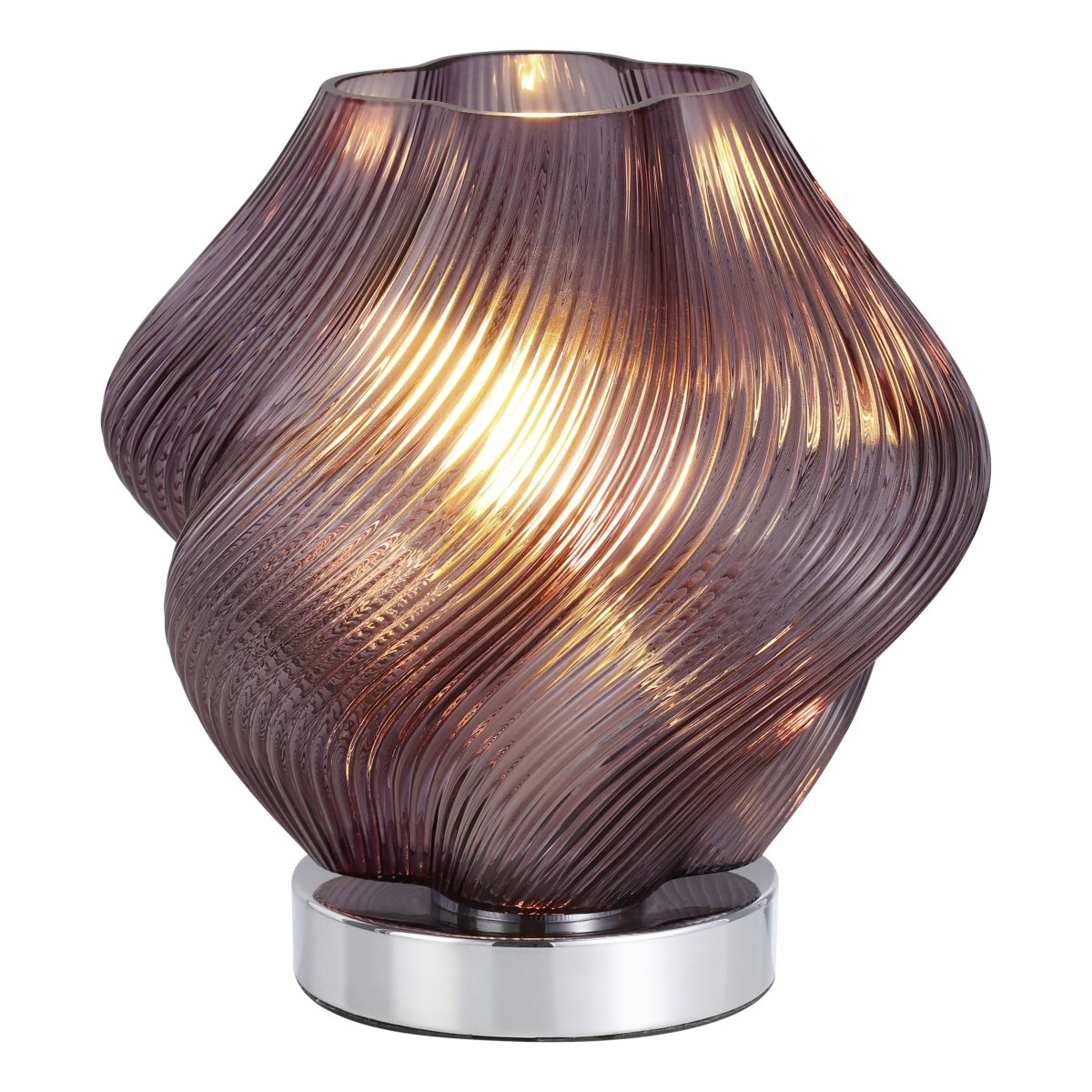 Vicenne 23cm Lila bordslampa från Eglo - Det r&auml;fflade glaset och den b&ouml;ljande formen skapar ett effektfullt m&ouml;nster som ger lampan ett uttrycksfullt utseende b&aring;de t&auml;nd och sl&auml;ckt.