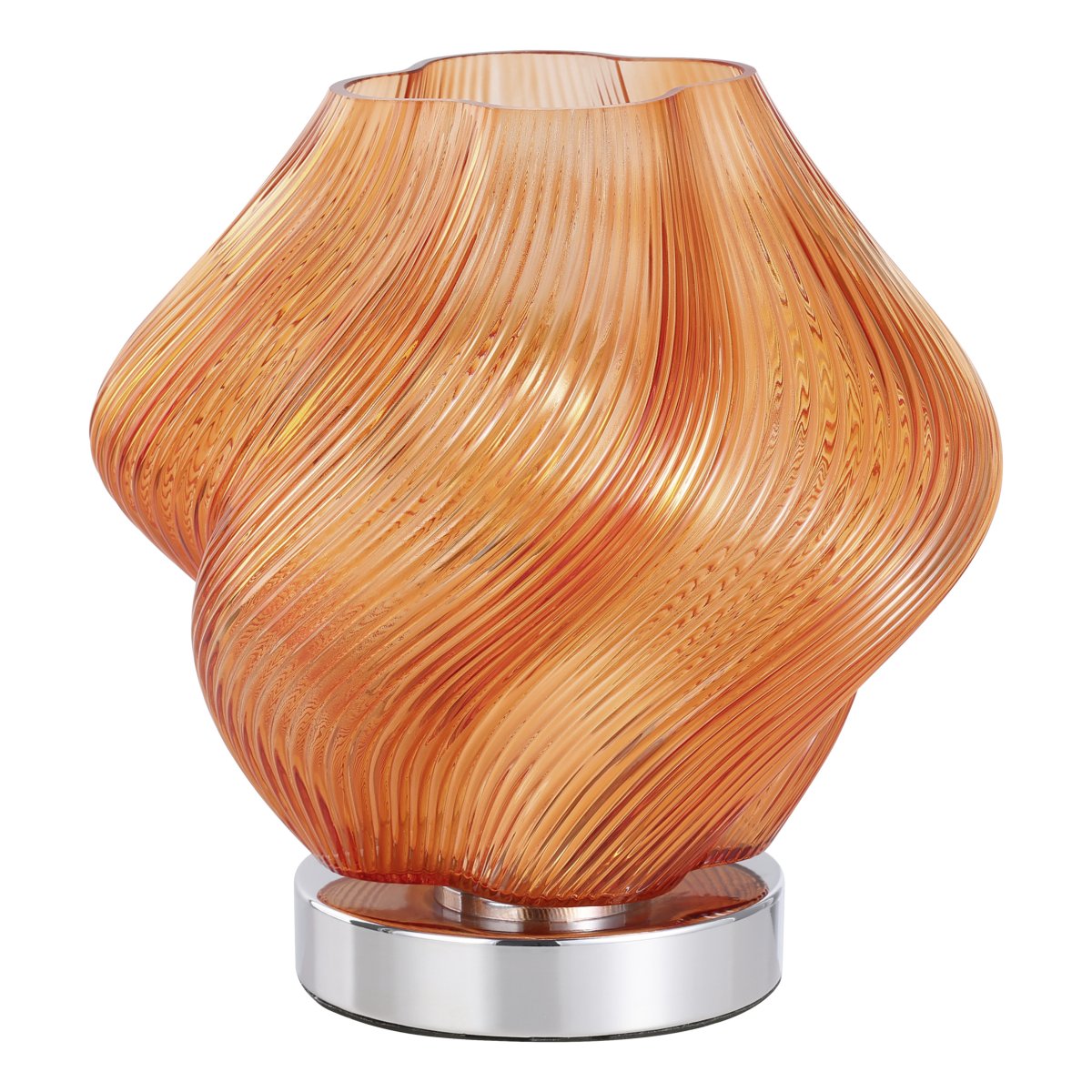 Vicenne 23cm Orange bordslampa från Eglo - Glaskupan har en b&ouml;ljande form med ett r&auml;fflat m&ouml;nster som skapar ett effektfullt uttryck och ger lampan karakt&auml;r b&aring;de t&auml;nd och sl&auml;ckt.