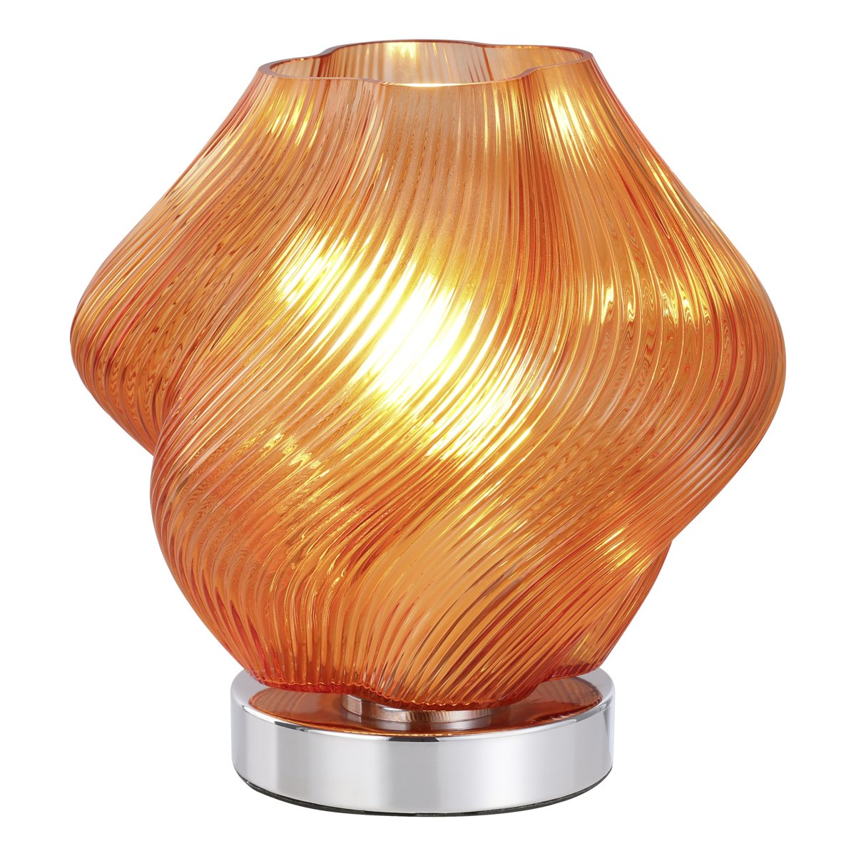 Vicenne 23cm Orange bordslampa från Eglo - Glaskupan har en b&ouml;ljande form med ett r&auml;fflat m&ouml;nster som skapar ett effektfullt uttryck och ger lampan karakt&auml;r b&aring;de t&auml;nd och sl&auml;ckt.