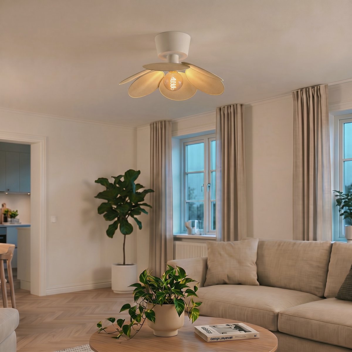 Binacua Ø45 Beige plafond från Eglo - Sk&auml;rmen &auml;r uppbyggd av mjukt rundade blad som &ouml;verlappar varandra och l&aring;ter ljusk&auml;llan synas i mitten.