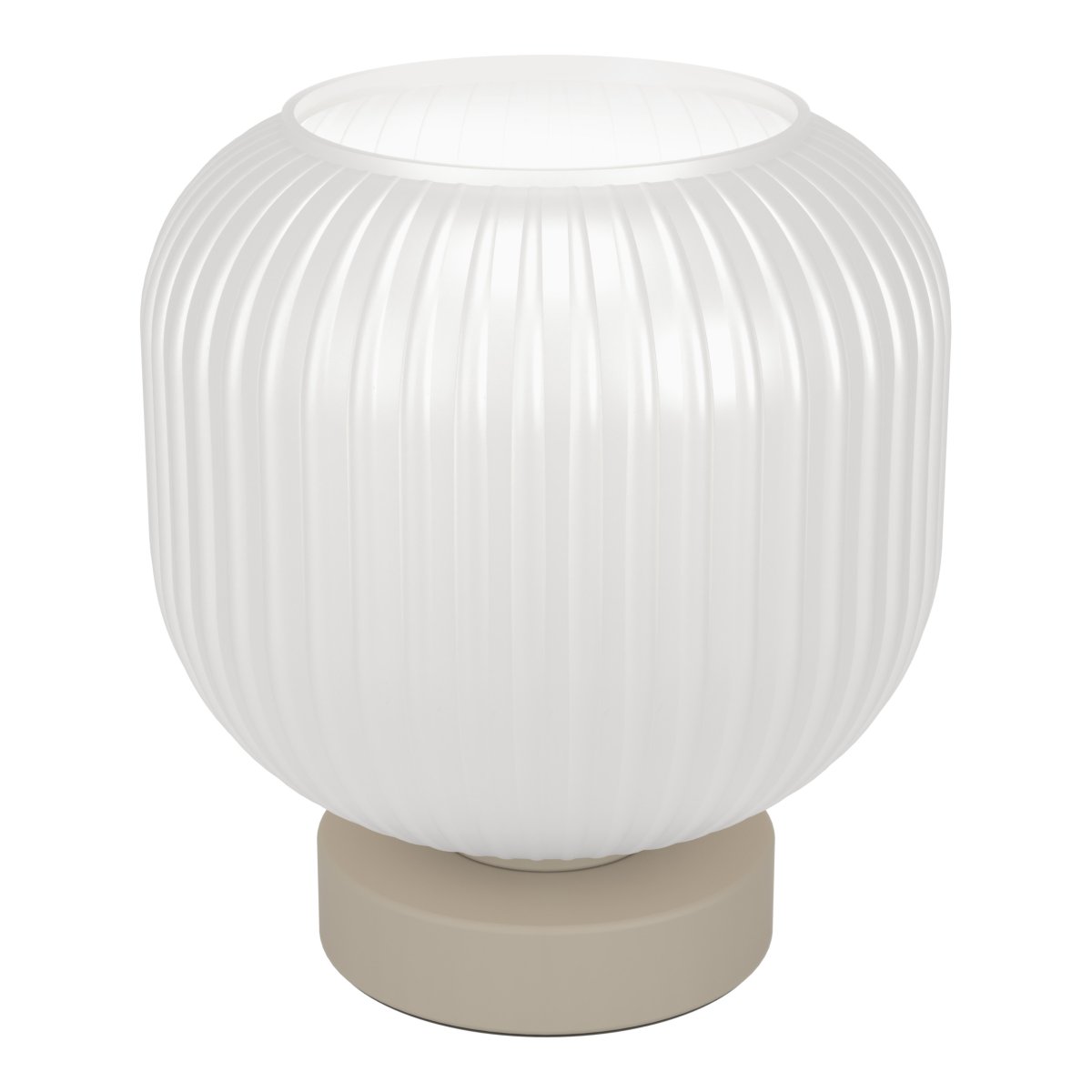 Dasmina 22cm Vit/sand bordslampa från Eglo - Dasmina har en rundad kupa i vitt, ribbat glas som kombineras med en lampfot i sandf&auml;rgad metall.