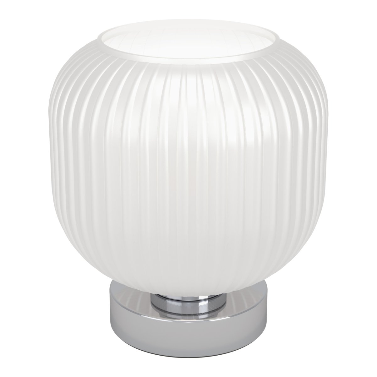 Dasmina 22cm Vit/krom bordslampa från Eglo - Dasmina har en rundad kupa i vitt, ribbat glas som kombineras med en lampfot i kromf&auml;rgad metall.