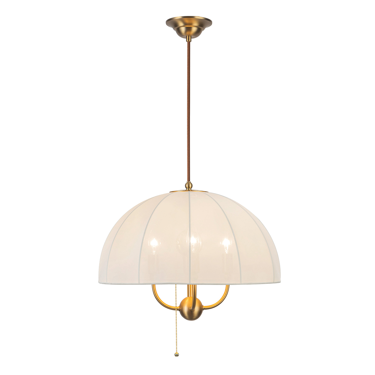 Crosby Ø45 Borstad guld taklampa från Elstead Lighting - Lampan &auml;r tillverkad i metall med borstad guldfinish och kombineras med en v&auml;lvd sk&auml;rm i tunt, ljust tyg som sl&auml;pper igenom ljuset fint.