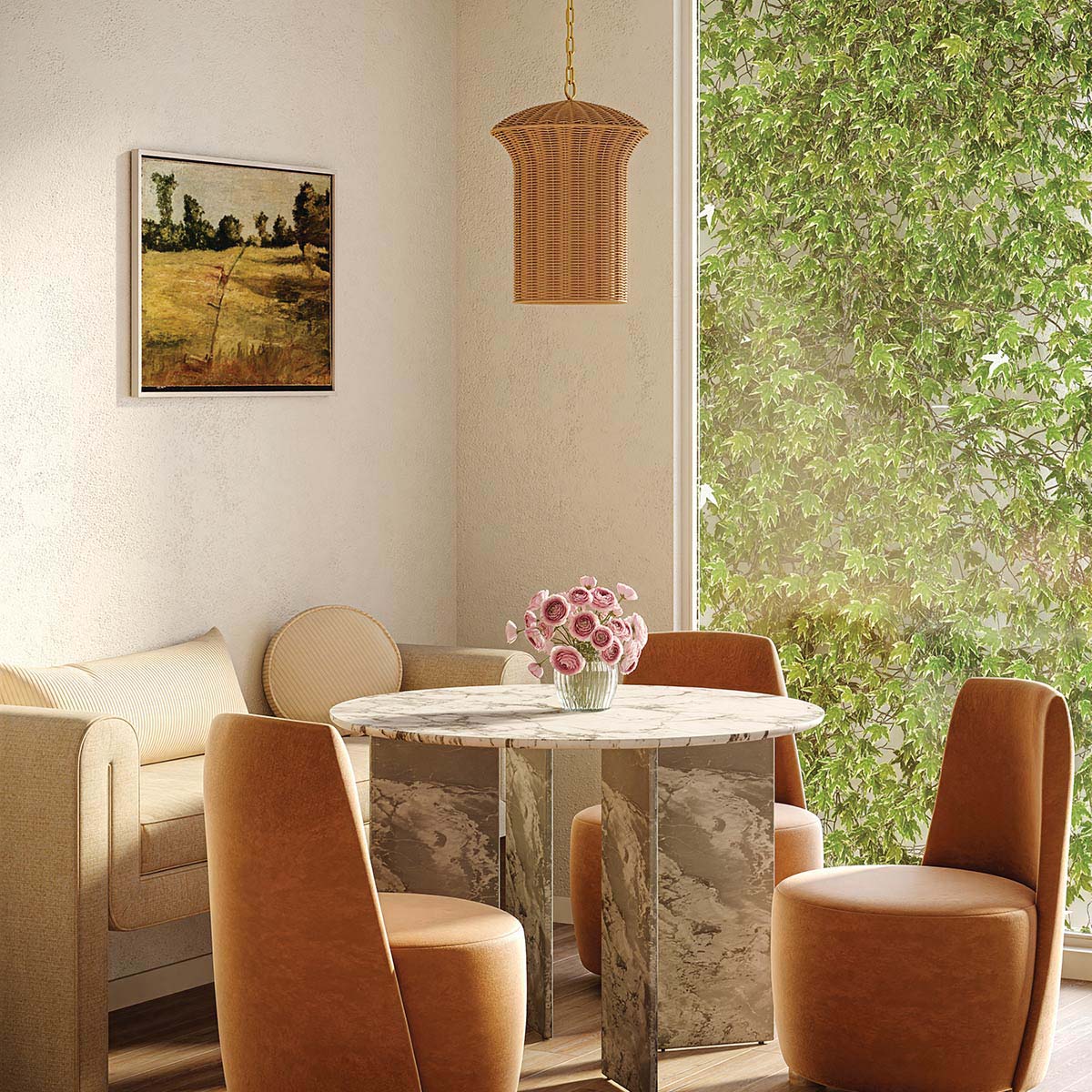 Kai Ø28 Natur taklampa från Elstead Lighting - Den naturf&auml;rgade rottingen ger lampan ett varmt och ombonat uttryck, medan detaljerna i borstad guldfinish skapar en fin kontrast.