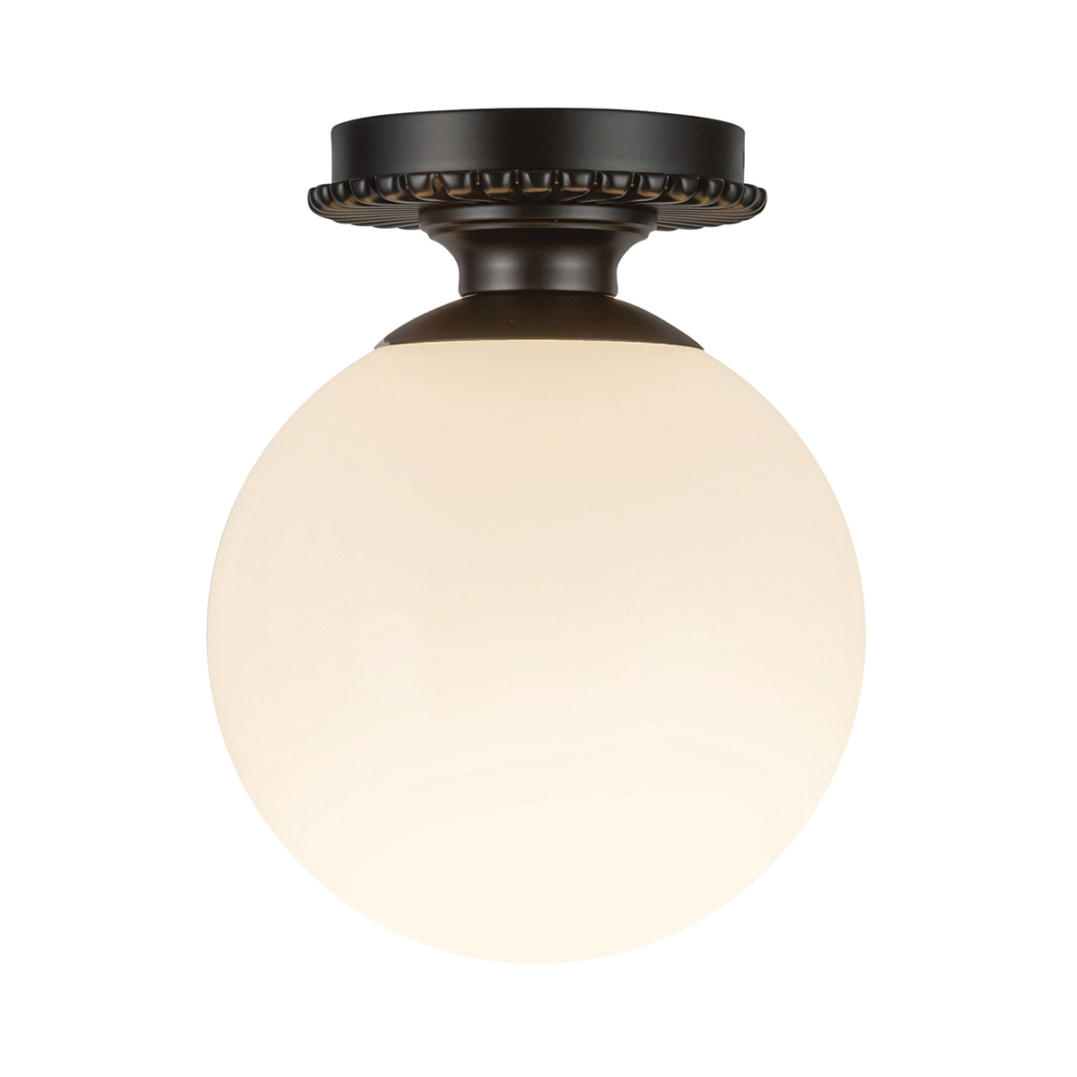Otis Ø20 Svart badrumslampa från Elstead Lighting - Den runda kupan i blankt opalglas d&ouml;ljer ljusk&auml;llan och sprider ett mjukt och behagligt ljus i rummet.