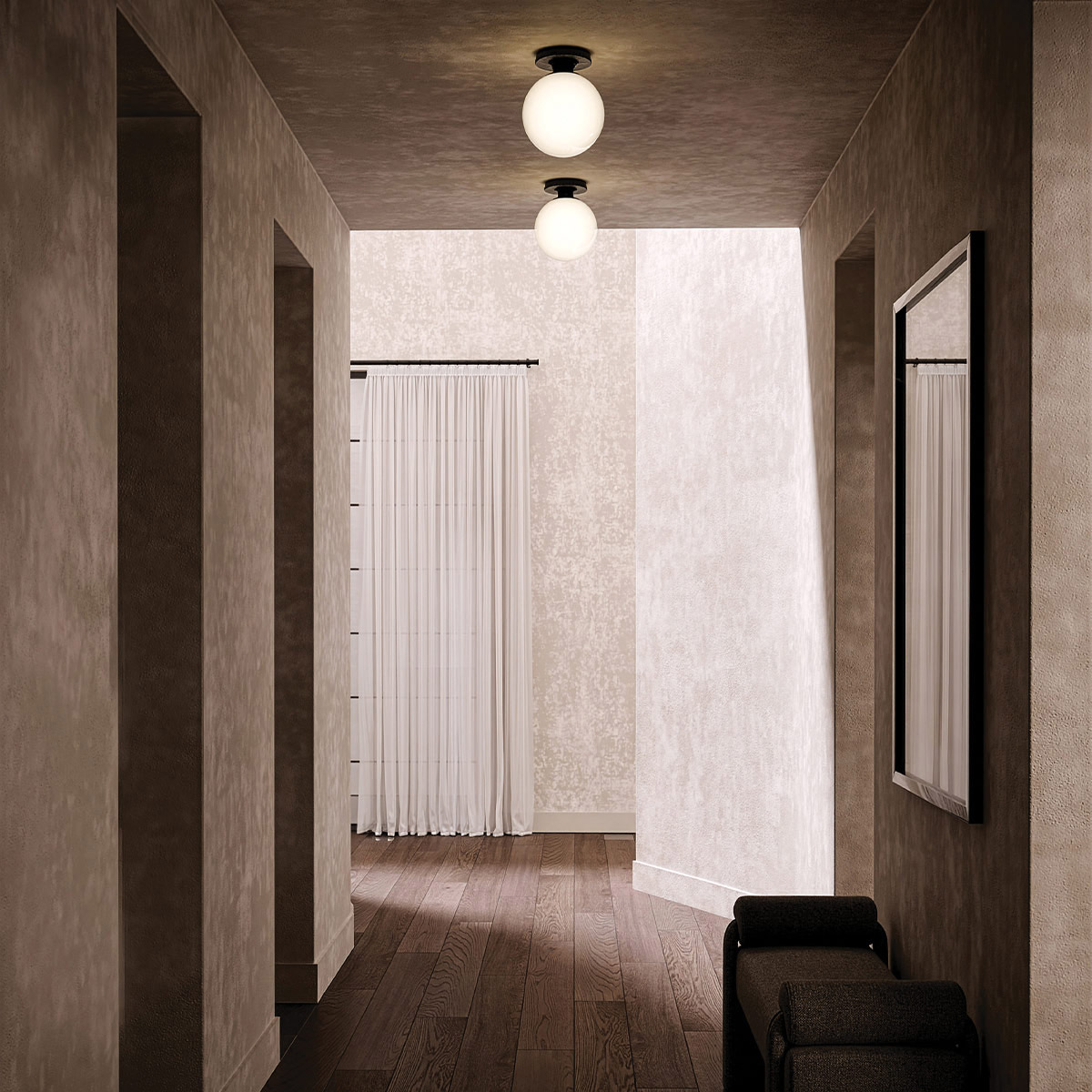 Otis Ø20 Svart badrumslampa från Elstead Lighting - Den runda kupan i blankt opalglas d&ouml;ljer ljusk&auml;llan och sprider ett mjukt och behagligt ljus i rummet.