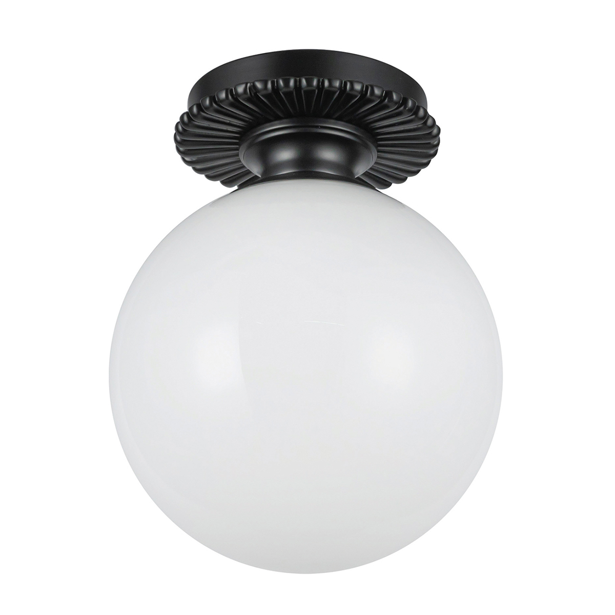 Otis Ø20 Svart badrumslampa från Elstead Lighting - Den runda kupan i blankt opalglas d&ouml;ljer ljusk&auml;llan och sprider ett mjukt och behagligt ljus i rummet.