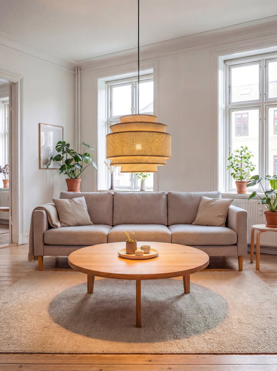 Ambrosia Ø50 Natur taklampa från Aneta Lighting - N&auml;r lampan &auml;r t&auml;nd silas ljuset genom pappersbasten och skapar ett varmt och st&auml;mningsfullt sken.