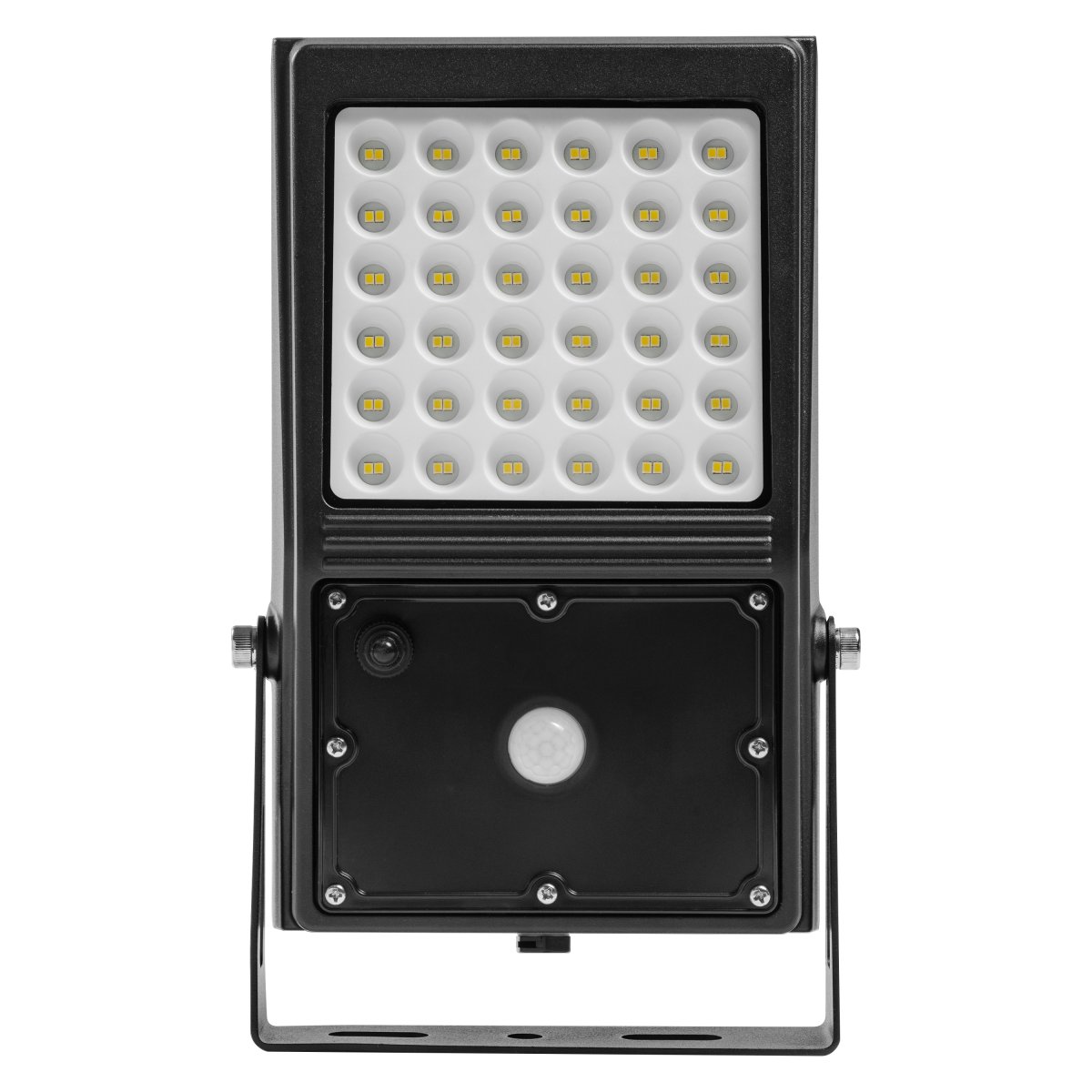 Flood Sensor 10W Svart solcellslampa från Ledvance - Den inbyggda PIR-r&ouml;relsesensorn och dagsljussensorn g&ouml;r att lampan t&auml;nds automatiskt vid r&ouml;relse i m&ouml;rker, vilket ger b&aring;de s&auml;kerhet och energieffektivitet.