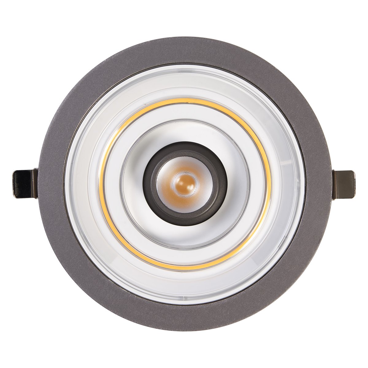 Decor Filament Halo 7W Aluminium från Ledvance - I f&ouml;rsta l&auml;get lyser den lilla spotlighten i mitten, i andra l&auml;get lyser endast cirkeln runtom och i tredje l&auml;get lyser dem b&aring;da samtidigt.