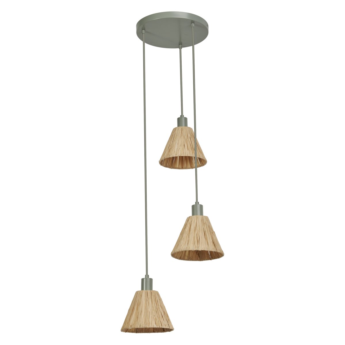 Raffia Ø43 Natur taklampa från Ledvance - Sk&auml;rmarna gjorda av raffia-palmer i kombination med den gr&ouml;na metallen bidrar med en varm och naturlig atmosf&auml;r till rummet.