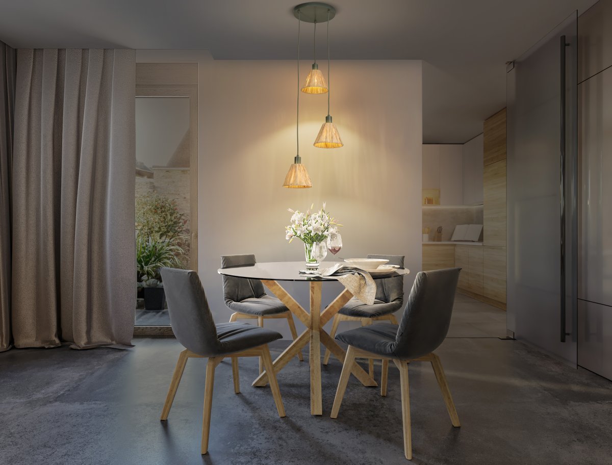 Raffia Ø43 Natur taklampa från Ledvance - Sk&auml;rmarna gjorda av raffia-palmer i kombination med den gr&ouml;na metallen bidrar med en varm och naturlig atmosf&auml;r till rummet.