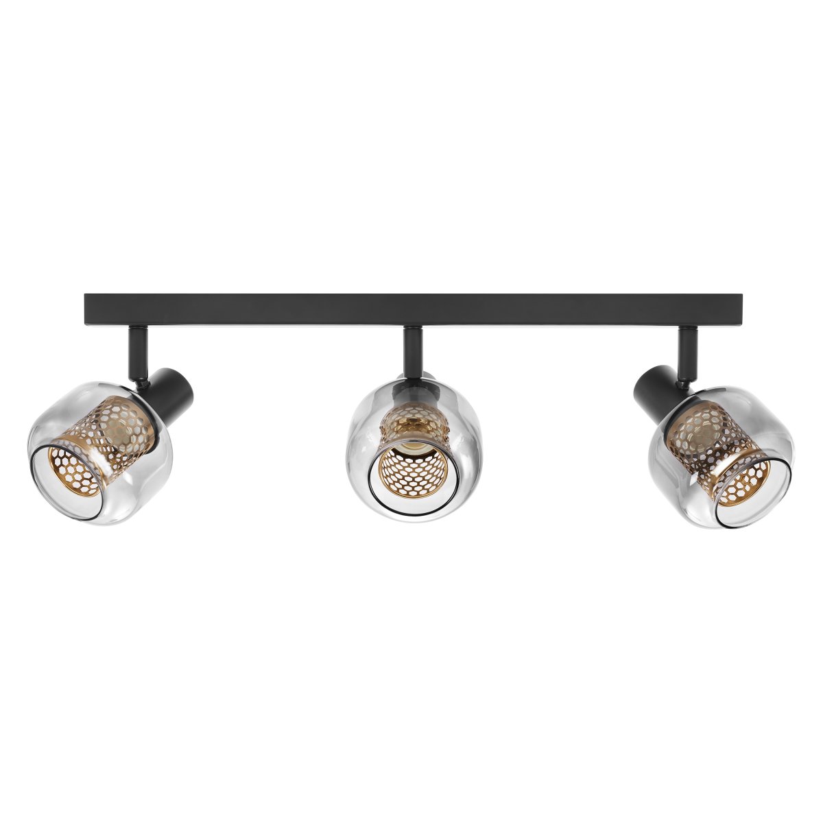 Firefly 3 Svart spotlight från Osram - De r&ouml;rliga spotlightsen med sk&auml;rmar av gr&aring;tonat glas i kombination med de guldiga detaljh&ouml;ljet som omfamnar ljusk&auml;llorna bidrar med en elegans till rummet.