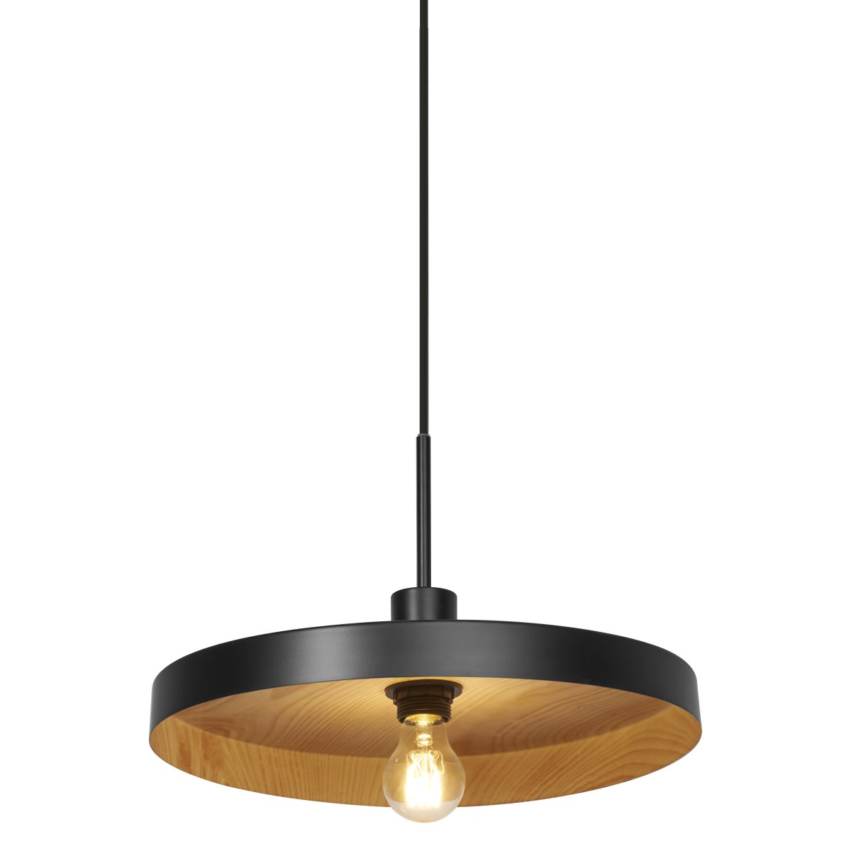 Plate Wood Ø40 Svart taklampa från Osram - Insidan av sk&auml;rmen har ett vackert brunt m&ouml;nster som efterliknar tr&auml; vilket ger en fin och varm ljusspridning i rummet.