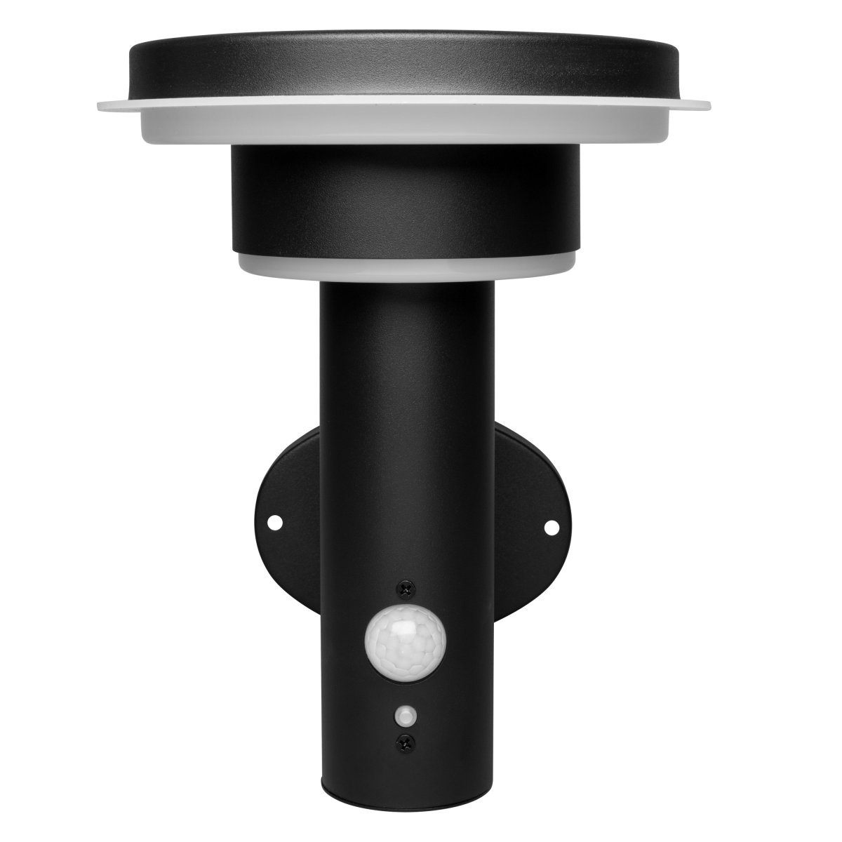 Double Circle Sensor Svart solcellslampa från Ledvance - Den inbyggda PIR-r&ouml;relsesensorn och dagsljussensorn g&ouml;r att lampan t&auml;nds automatiskt vid r&ouml;relse i m&ouml;rker, vilket ger b&aring;de s&auml;kerhet och energieffektivitet.