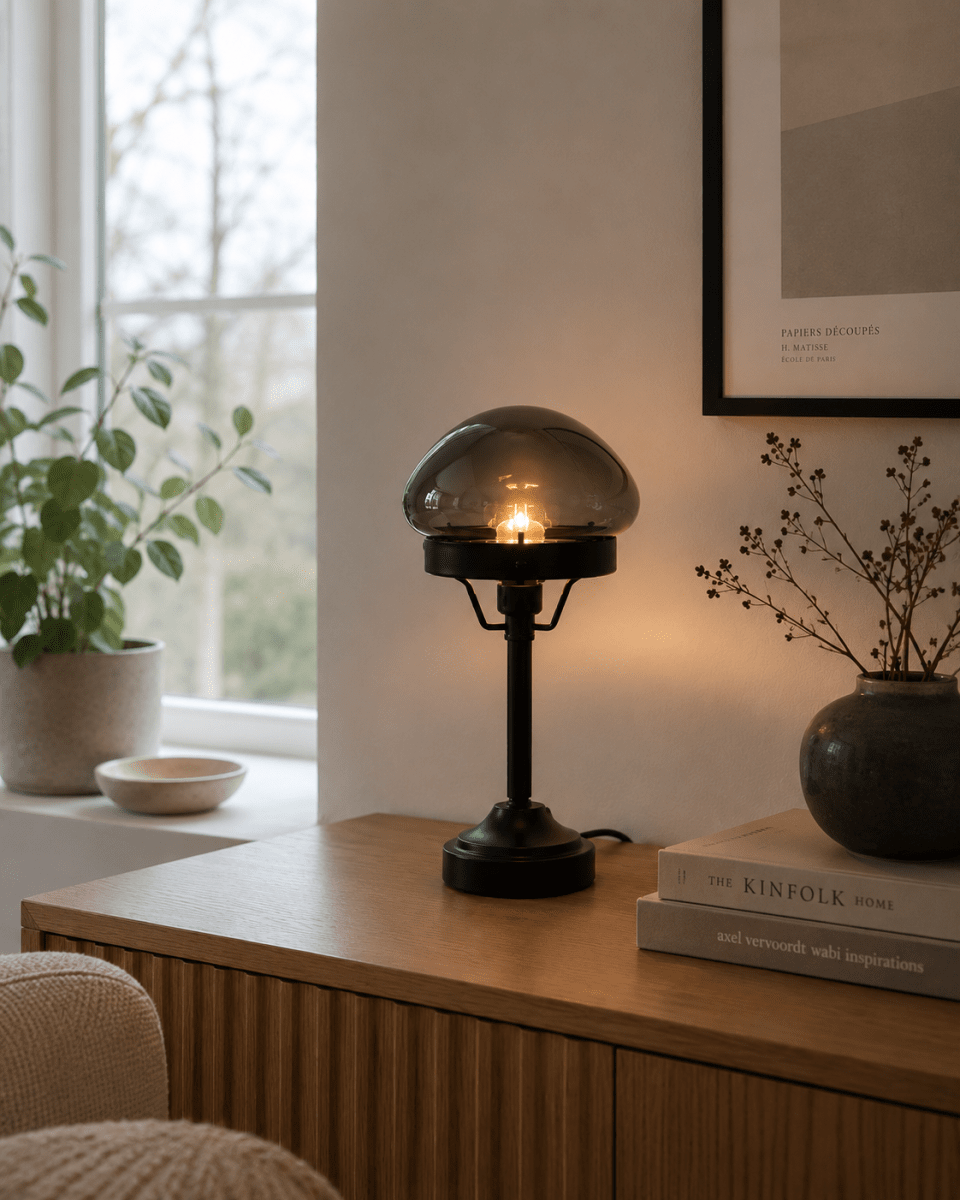 Jas 30cm Svart bordslampa från Lampan - Den har en lampfot av metall med svart f&auml;rg&nbsp; och en v&auml;lvd lampsk&auml;rm i r&ouml;kf&auml;rgat glas som sprider ett mjukt och behagligt ljus.