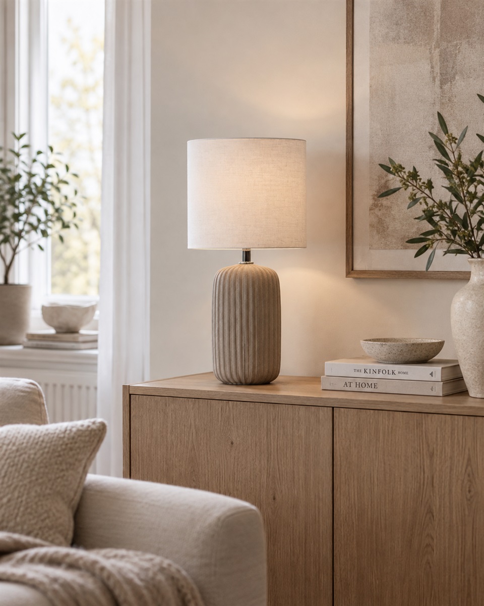 Palizzo 33cm Brun bordslampa från Nordic Lighting - Lampfoten har en matt, sandliknande finish i en varm brun ton och en r&auml;fflad struktur som ger lampan ett mjukt och dekorativt uttryck.