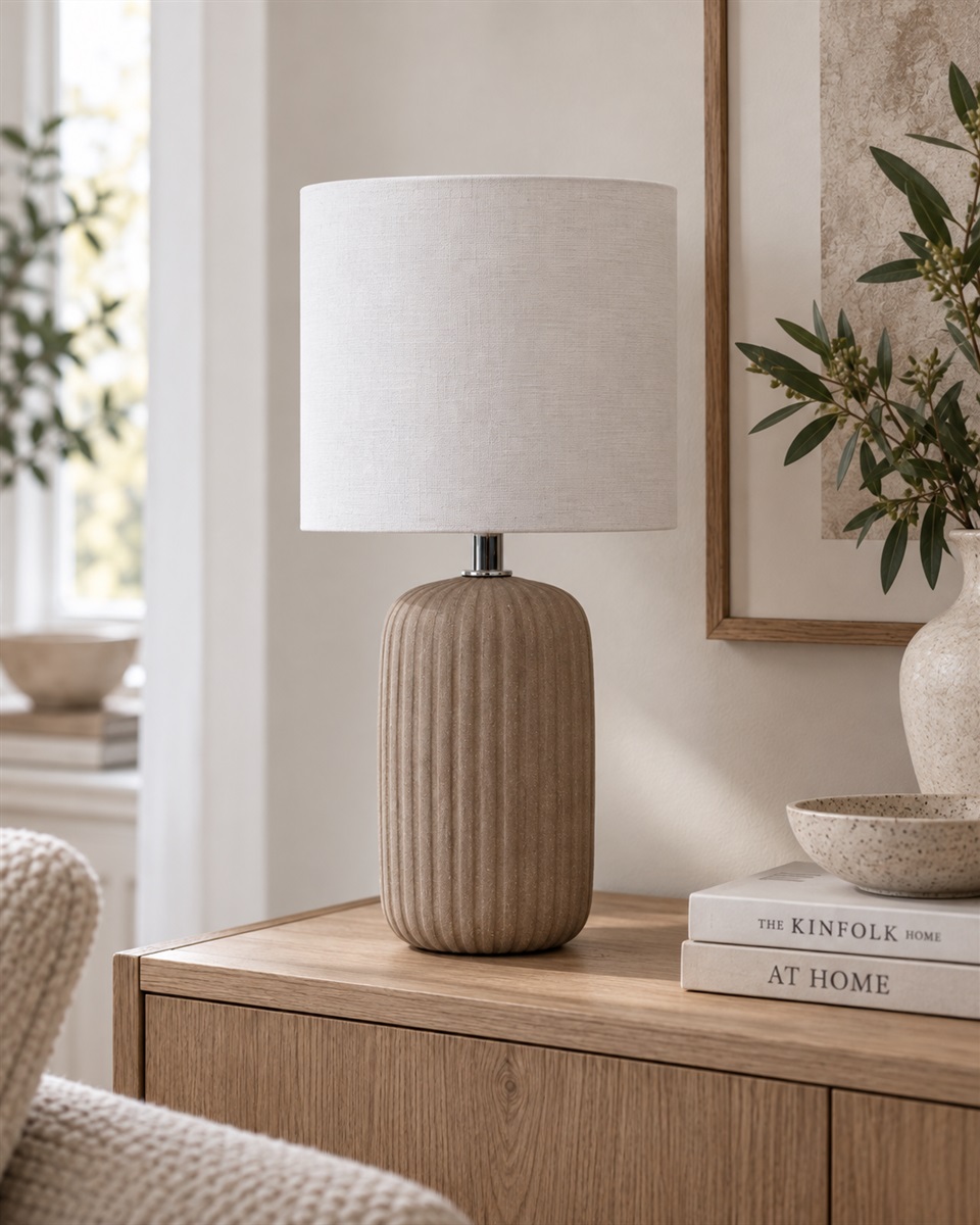 Palizzo 33cm Brun bordslampa från Nordic Lighting - Lampfoten har en matt, sandliknande finish i en varm brun ton och en r&auml;fflad struktur som ger lampan ett mjukt och dekorativt uttryck.