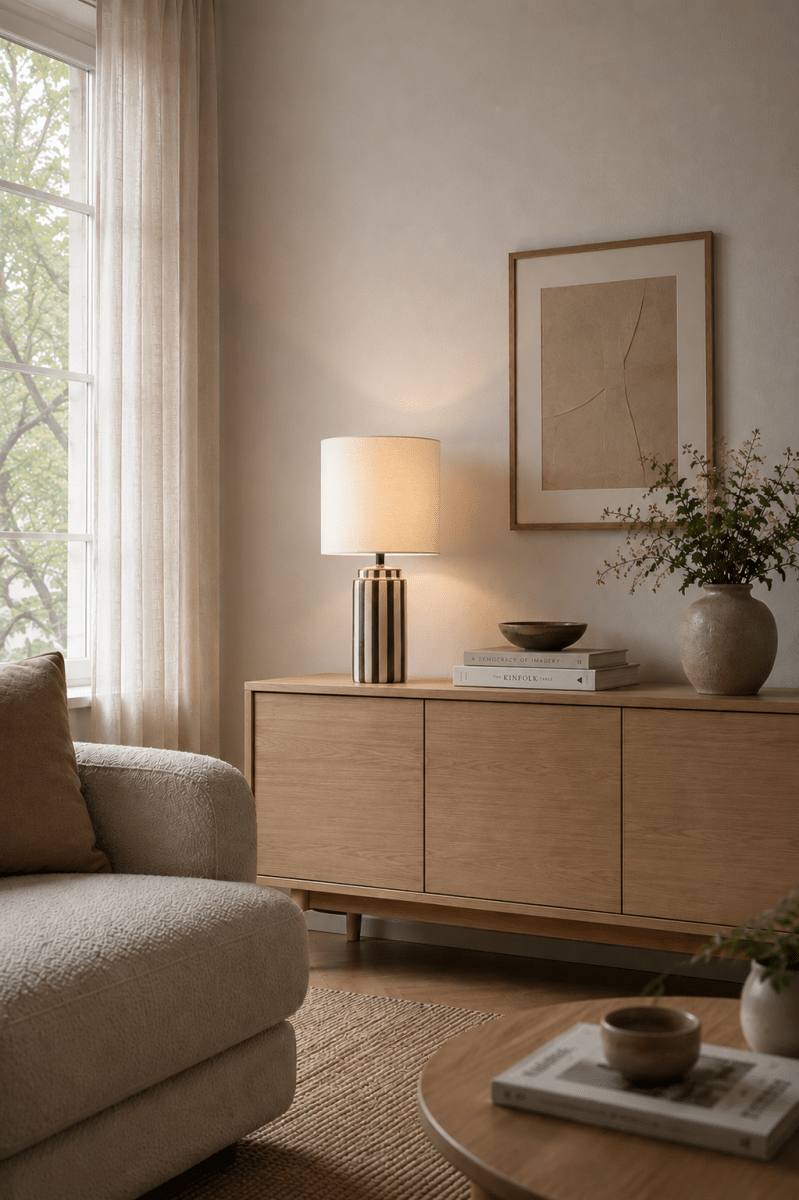 Faro 50cm Brun/vit bordslampa från Nordic Lighting - Lampfoten &auml;r tillverkad i keramik med kr&auml;mvit botten och bruna r&auml;nder som ger ett levande men balanserat intryck.