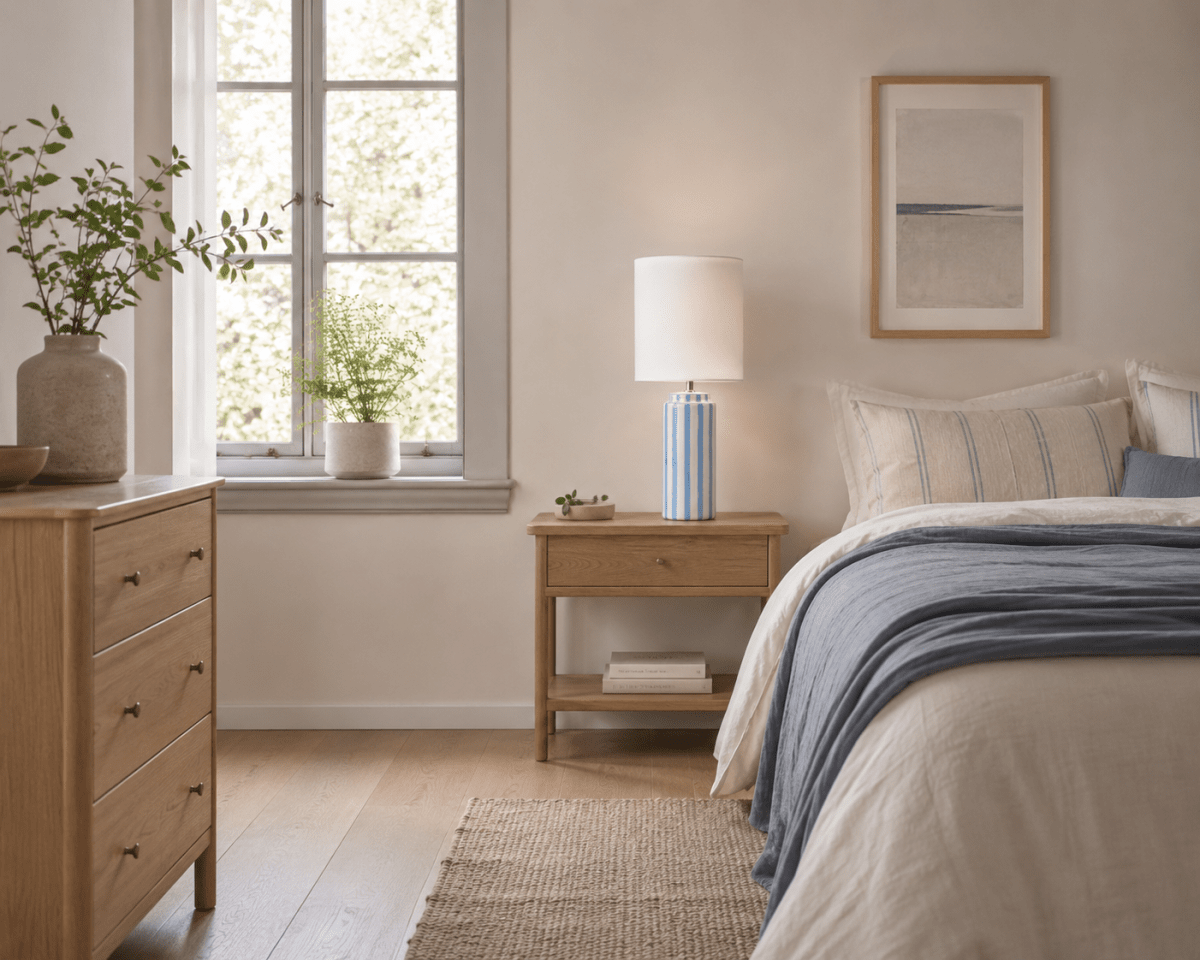 Faro 50cm Ljusblå/vit bordslampa från Nordic Lighting - Lampfoten &auml;r tillverkad i keramik med kr&auml;mvit botten och ljusbl&aring; r&auml;nder som ger ett levande men balanserat intryck.