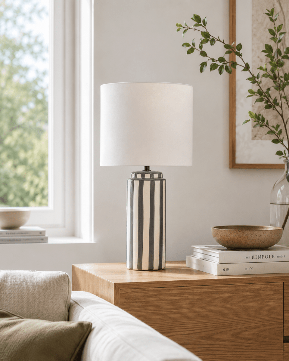 Faro 50cm Grå/vit bordslampa från Nordic Lighting - Lampfoten &auml;r tillverkad i keramik med kr&auml;mvit botten och gr&aring;a r&auml;nder som ger ett levande men balanserat intryck.