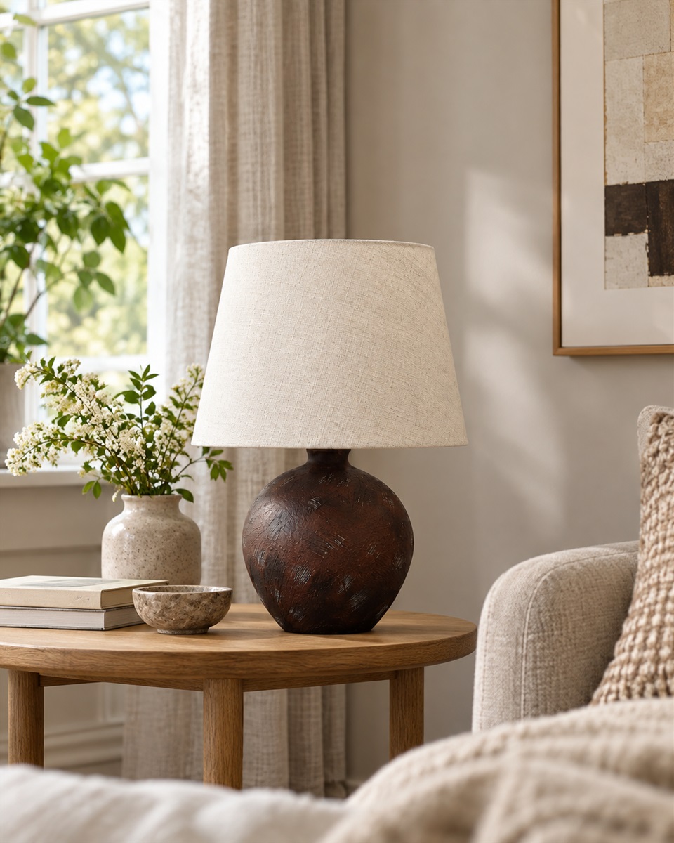 Bellmini 30cm Mörkbrun bordslampa från Nordic Lighting - Bellmini bordslampa har en vacker keramisk fot i mörkbrun, rustik finish och en beige linneskärm.