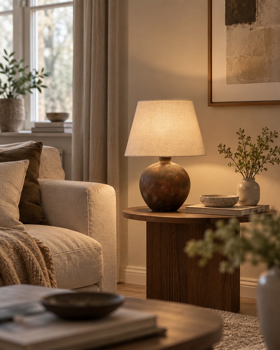 Bellmini 30cm Mörkbrun bordslampa från Nordic Lighting - Bellmini bordslampa har en vacker keramisk fot i mörkbrun, rustik finish och en beige linneskärm.