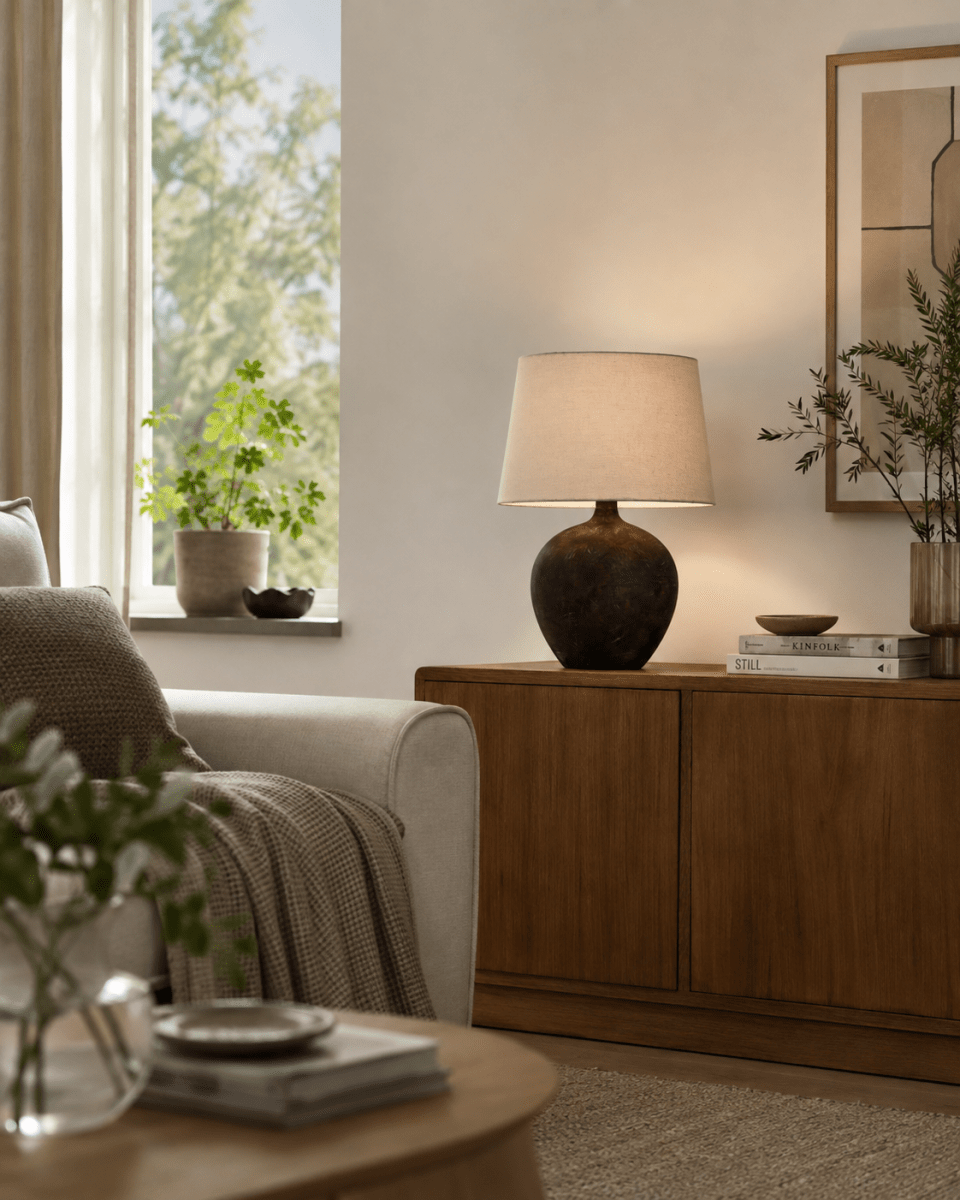 Bella 42cm Mörkbrun bordslampa från Nordic Lighting - Bella bordslampa har en vacker keramisk fot i m&ouml;rkbrun, rustik finish och en beige linnesk&auml;rm.