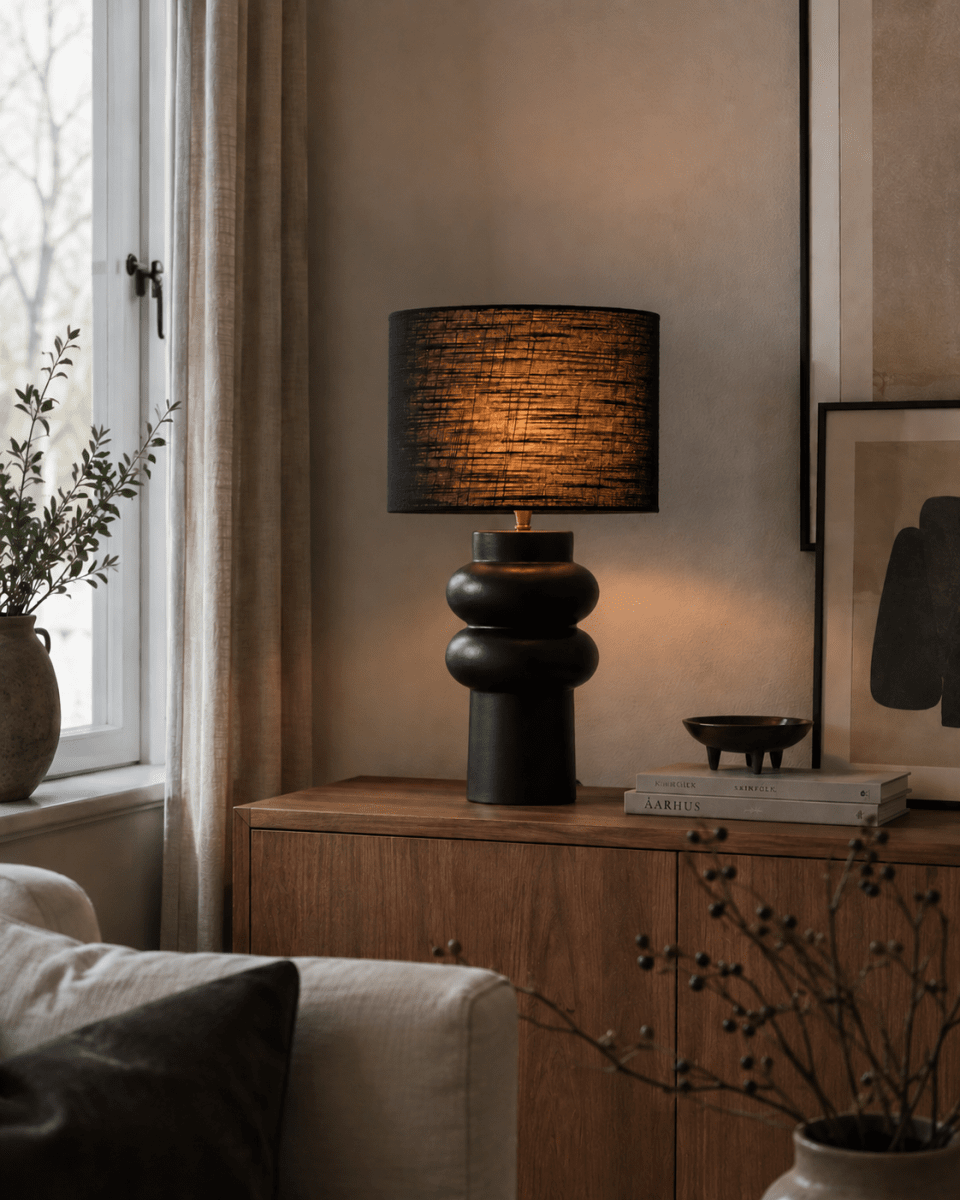 Anelli 56cm Svart bordslampa från Nordic Lighting - Den unika, skulpterade formen och m&ouml;rka f&auml;rgtonen ger ett modernt och sofistikerat uttryck.