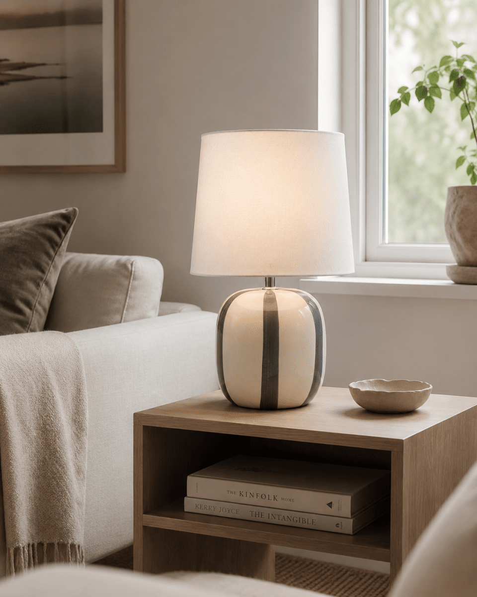 Pholca 38cm Vit/grå bordslampa från Nordic Lighting - Lampfoten &auml;r tillverkad i keramik med en kr&auml;mvit grund och gr&aring;a r&auml;nder som skapar liv och karakt&auml;r.