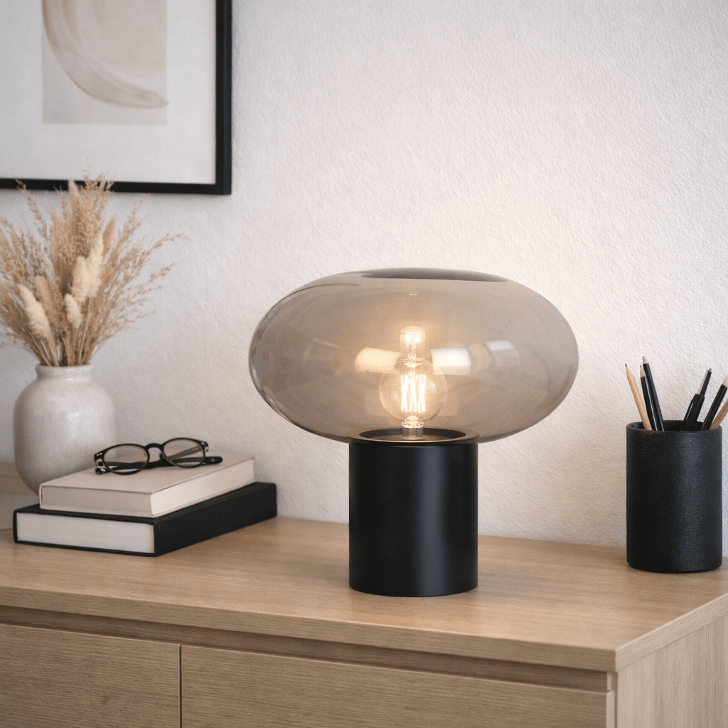 Alba 32cm Svart/Rökfärgad bordslampa från Nordic Lighting - Den svarta metallfoten ger ett stabilt och elegant uttryck, medan den r&ouml;kf&auml;rgade glaskupan skapar ett mjukt och st&auml;mningsfullt ljus.