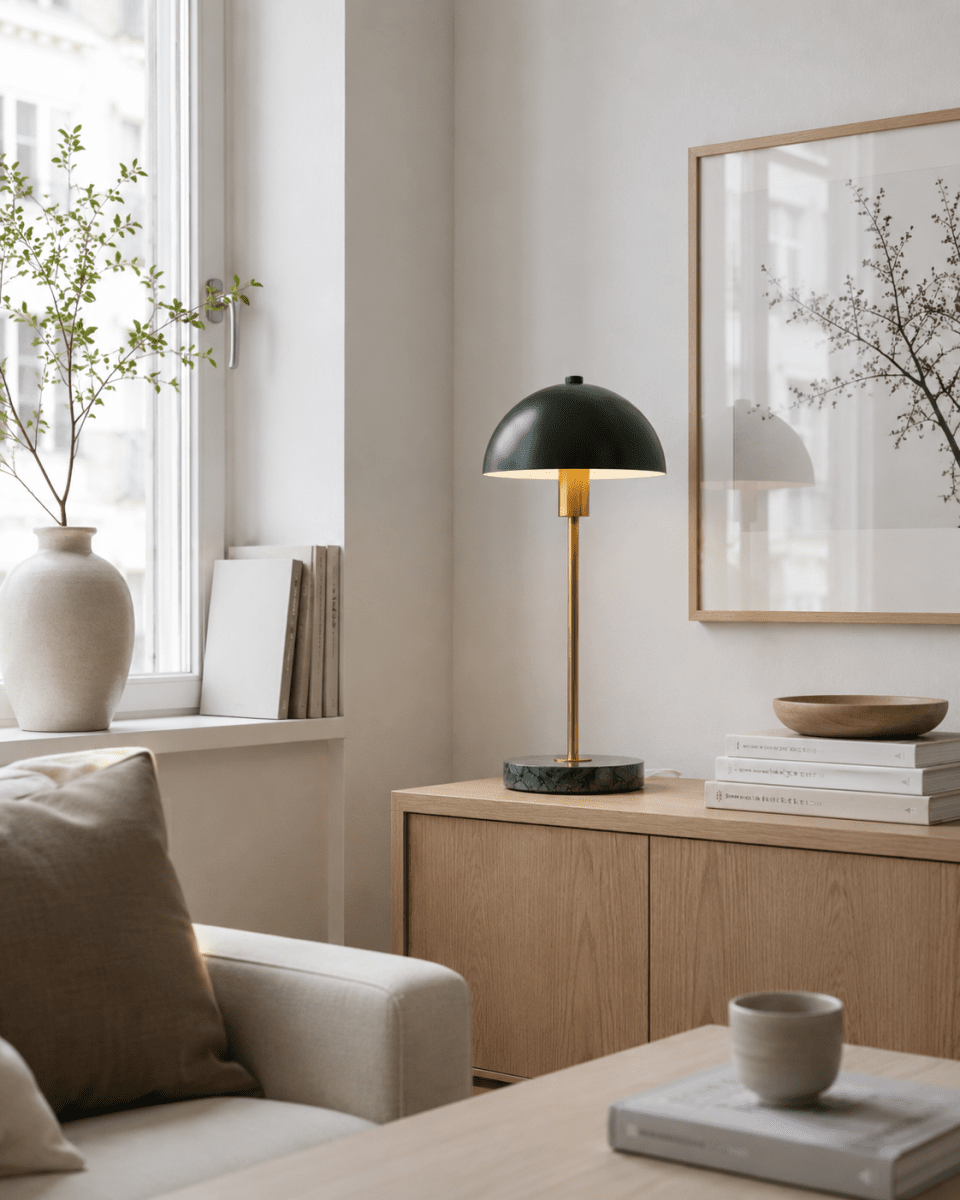 Dito 47cm Grön bordslampa från Nordic Lighting - Den gr&ouml;na sk&auml;rmen och marmorfoten skapar ett sofistikerat uttryck, medan st&aring;ngen i blank guldfinish tillf&ouml;r en varm och lyxig k&auml;nsla.