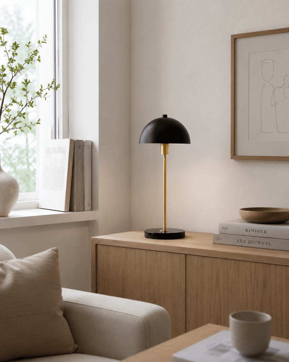 Dito 47cm Svart bordslampa från Nordic Lighting - Den svarta sk&auml;rmen och marmorfoten skapar ett sofistikerat uttryck, medan st&aring;ngen i blank guldfinish tillf&ouml;r en varm och lyxig k&auml;nsla.
