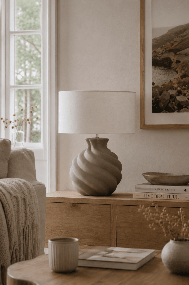 Vindel 52cm Sand bordslampa från Lampan - Lampfoten i keramik har en sandf&auml;rgad, strukturerad yta och en mjukt virvlande design som ger ett levande och skulpturalt uttryck.