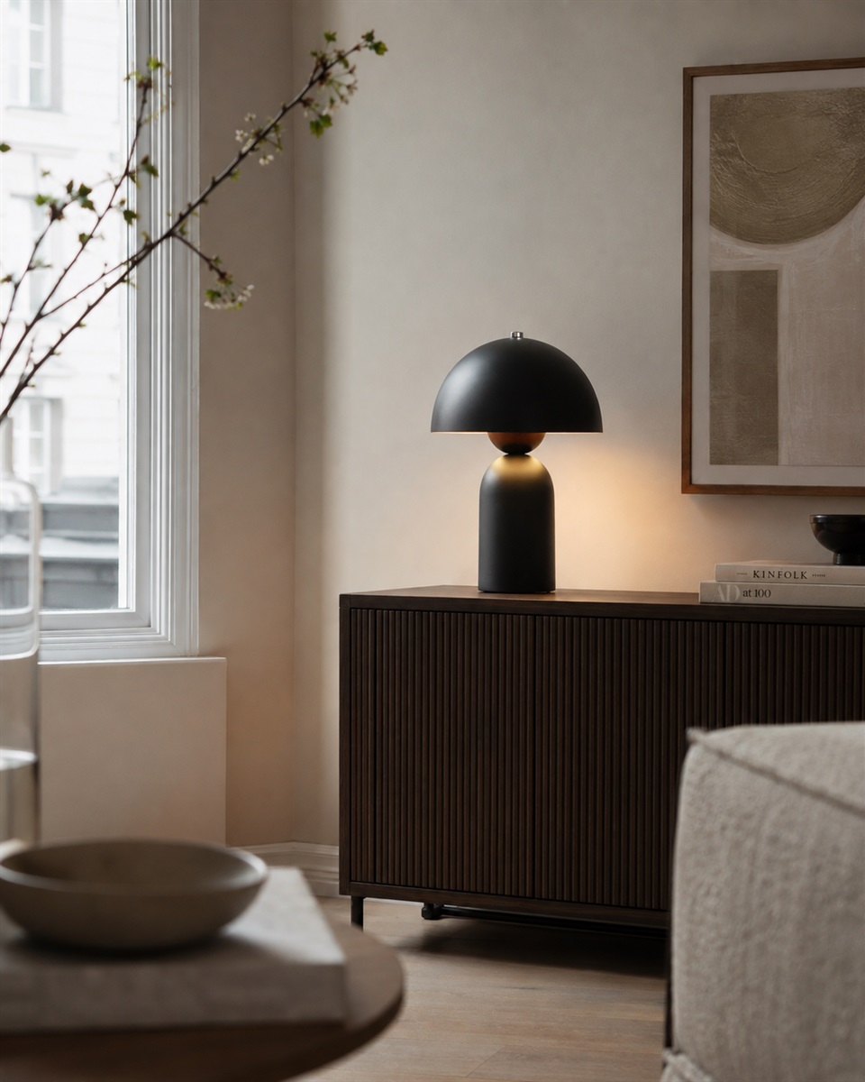 Capello 35cm Svart bordslampa från Nordic Lighting - Den dekorativa kromdetaljen p&aring; toppen ger ett elegant lyft och g&ouml;r lampan till ett vackert inslag i b&aring;de sovrum, vardagsrum och hall.