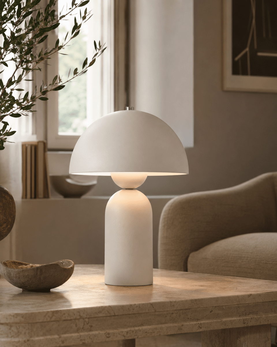 Capello 35cm Vit bordslampa från Nordic Lighting - Den dekorativa kromdetaljen p&aring; toppen ger ett elegant lyft och g&ouml;r lampan till ett vackert inslag i b&aring;de sovrum, vardagsrum och hall.
