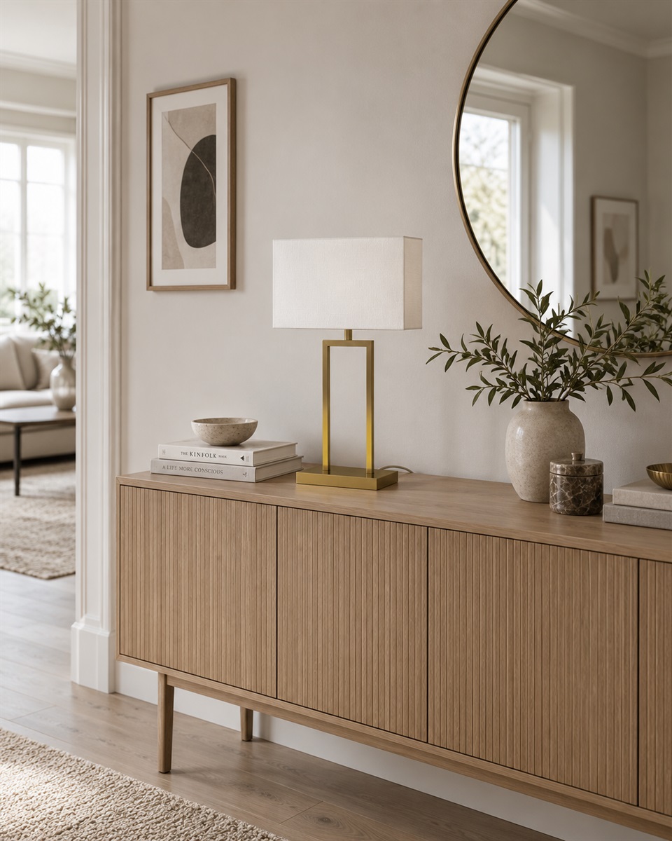 Gemma 52cm Mässing bordslampa från Nordic Lighting - Den vita, rektangul&auml;ra lampsk&auml;rmen i textil sprider ett mjukt och behagligt ljus som passar perfekt i b&aring;de sovrum, vardagsrum och hall.