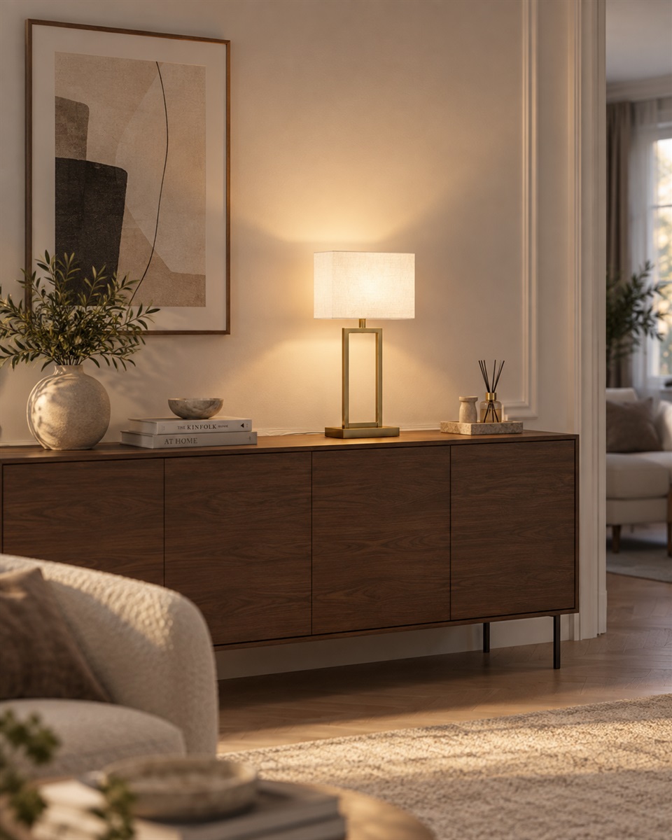 Gemma 52cm Mässing bordslampa från Nordic Lighting - Den vita, rektangul&auml;ra lampsk&auml;rmen i textil sprider ett mjukt och behagligt ljus som passar perfekt i b&aring;de sovrum, vardagsrum och hall.