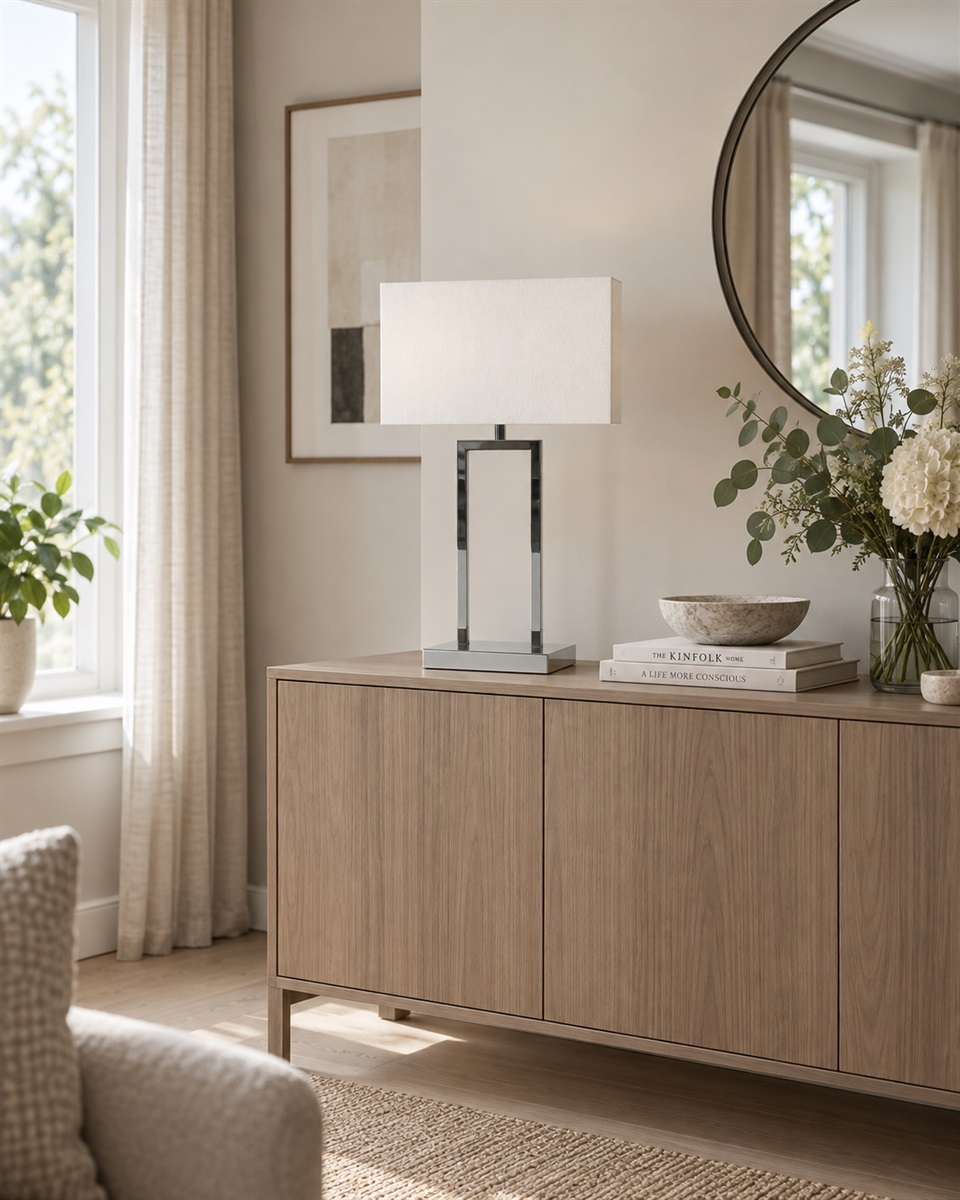 Gemma 52cm Krom bordslampa från Nordic Lighting - Den vita, rektangul&auml;ra lampsk&auml;rmen i textil sprider ett mjukt och behagligt ljus som passar perfekt i b&aring;de sovrum, vardagsrum och hall.