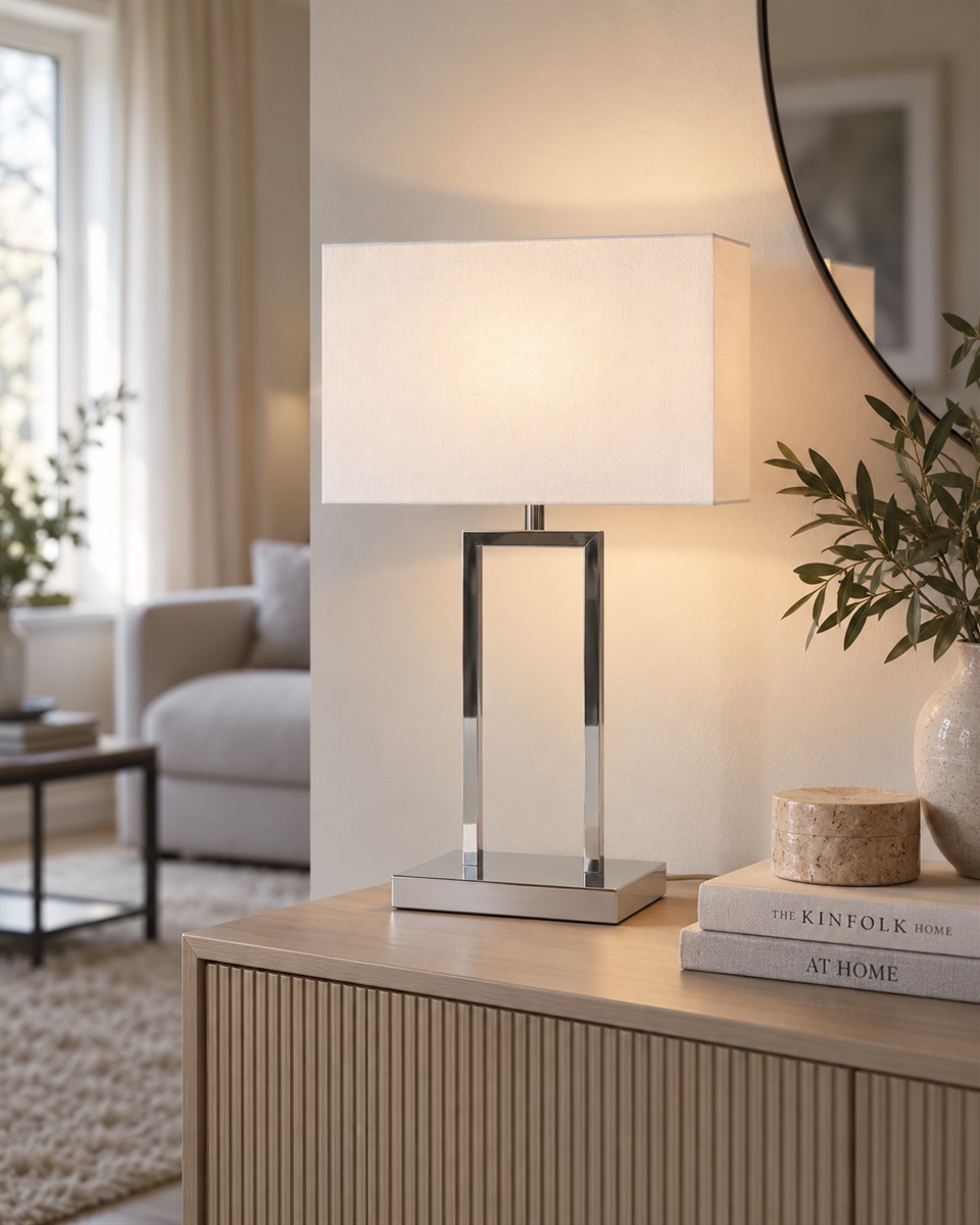 Gemma 52cm Krom bordslampa från Nordic Lighting - Den vita, rektangul&auml;ra lampsk&auml;rmen i textil sprider ett mjukt och behagligt ljus som passar perfekt i b&aring;de sovrum, vardagsrum och hall.