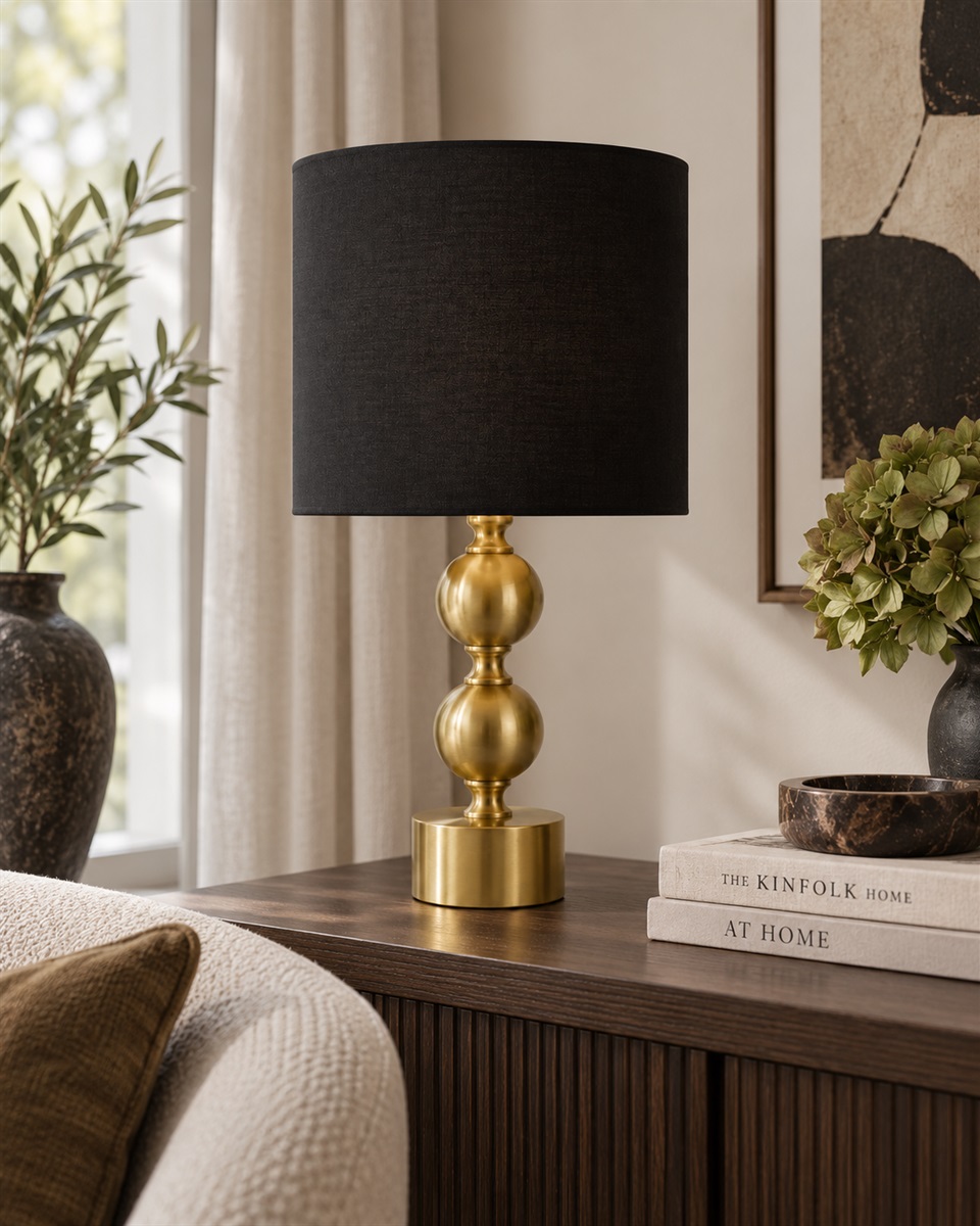 Circolo 48cm Mässing/svart bordslampa från Nordic Lighting - Circolo bordslampa kombinerar en dekorativ fot i metall med elegant m&auml;ssingsfinish och en klassisk svart linnesk&auml;rm.