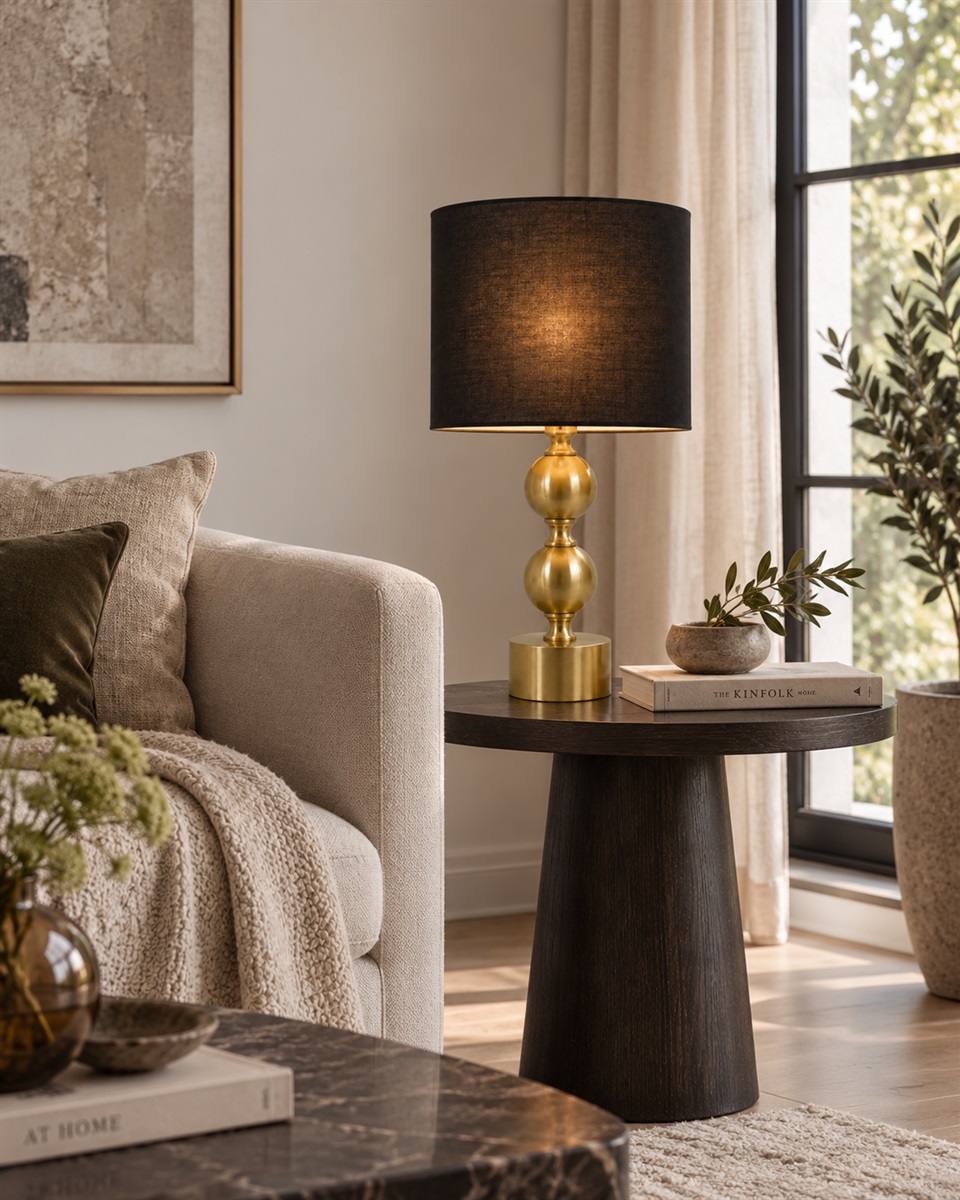 Circolo 48cm Mässing/svart bordslampa från Nordic Lighting - Circolo bordslampa kombinerar en dekorativ fot i metall med elegant m&auml;ssingsfinish och en klassisk svart linnesk&auml;rm.